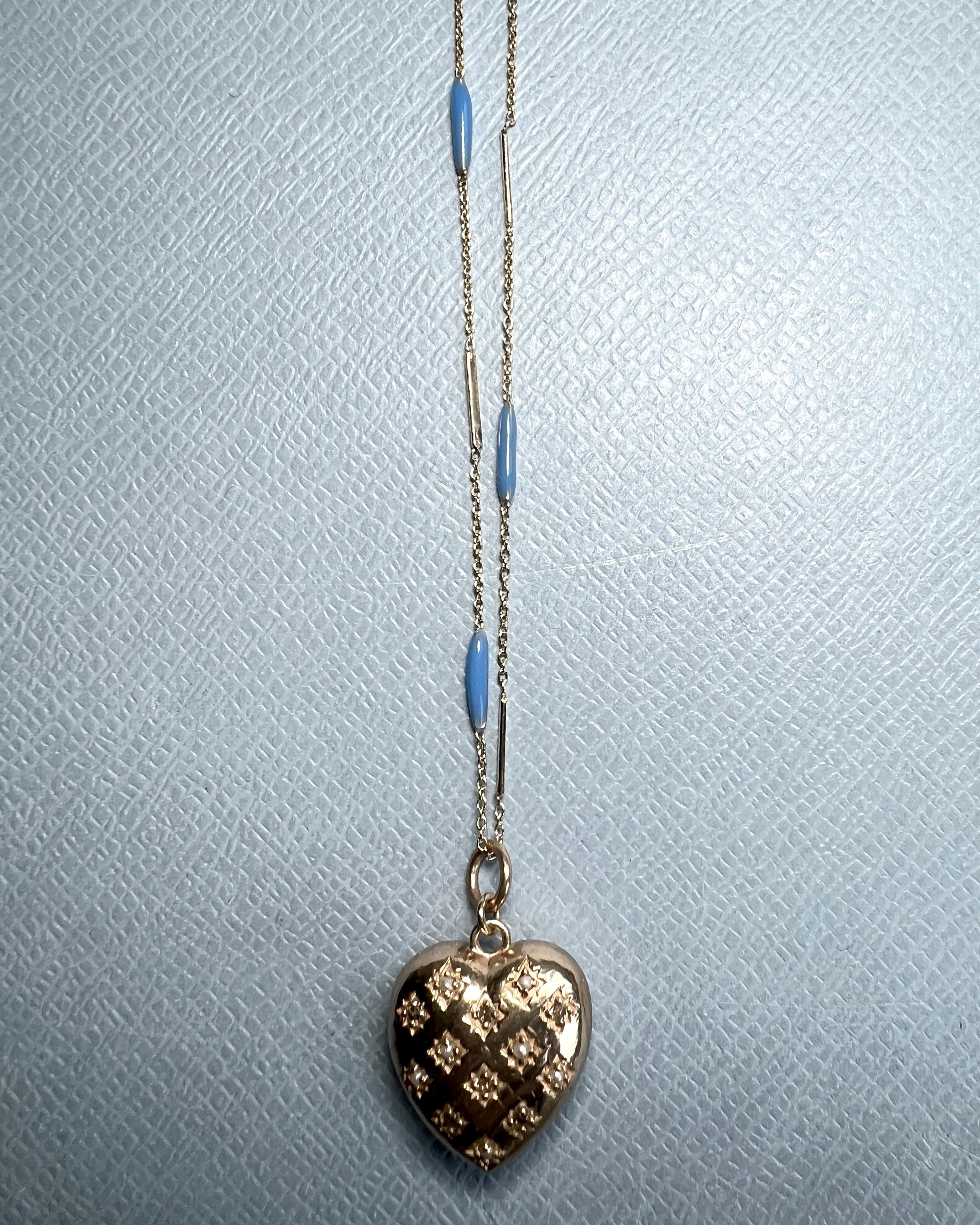 Herz Halskette Diamant Perle Blau Emaille Gold Platte im Angebot 4