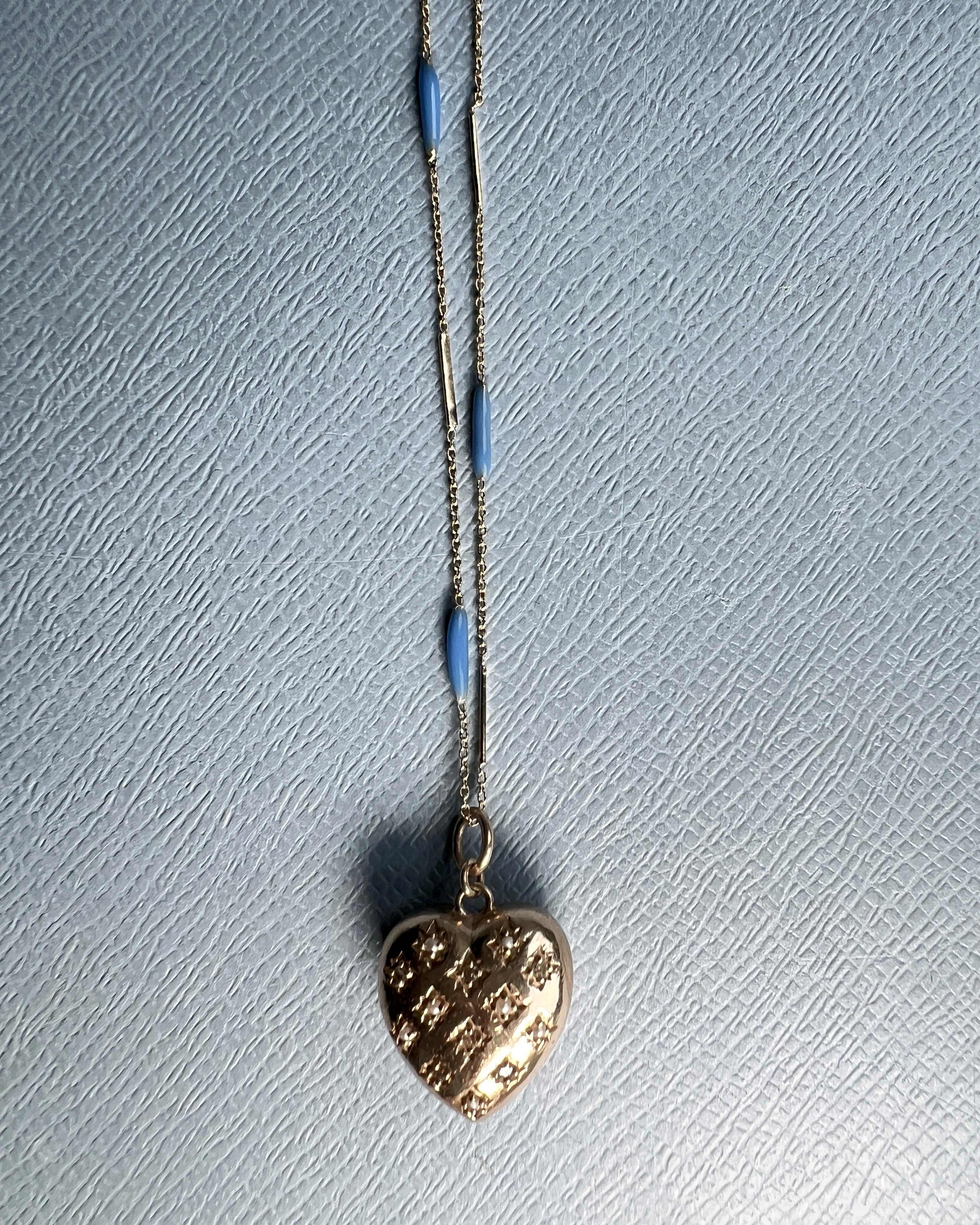 Herz Halskette Diamant Perle Blau Emaille Gold Platte im Angebot 5