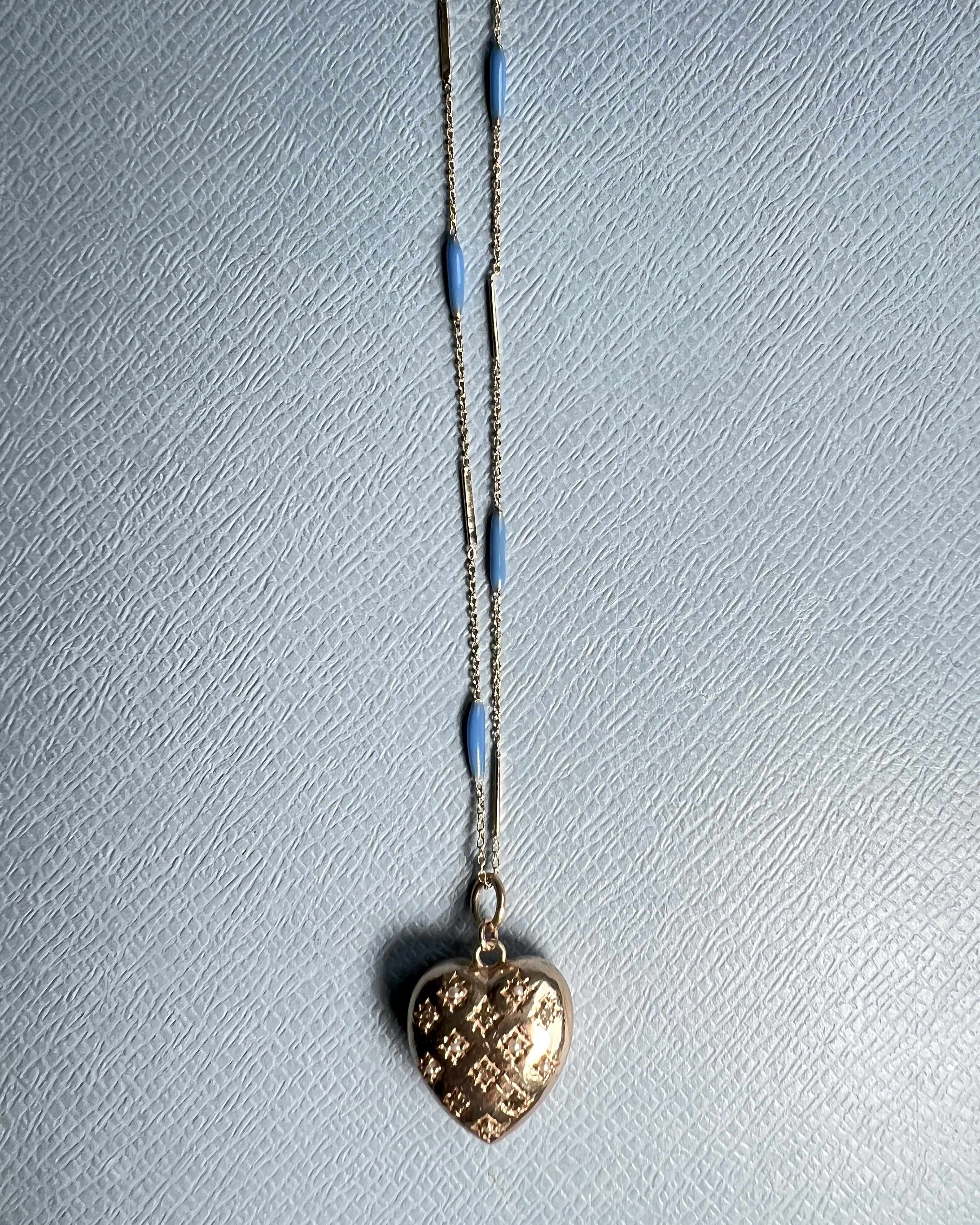 Herz Halskette Diamant Perle Blau Emaille Gold Platte im Angebot 6