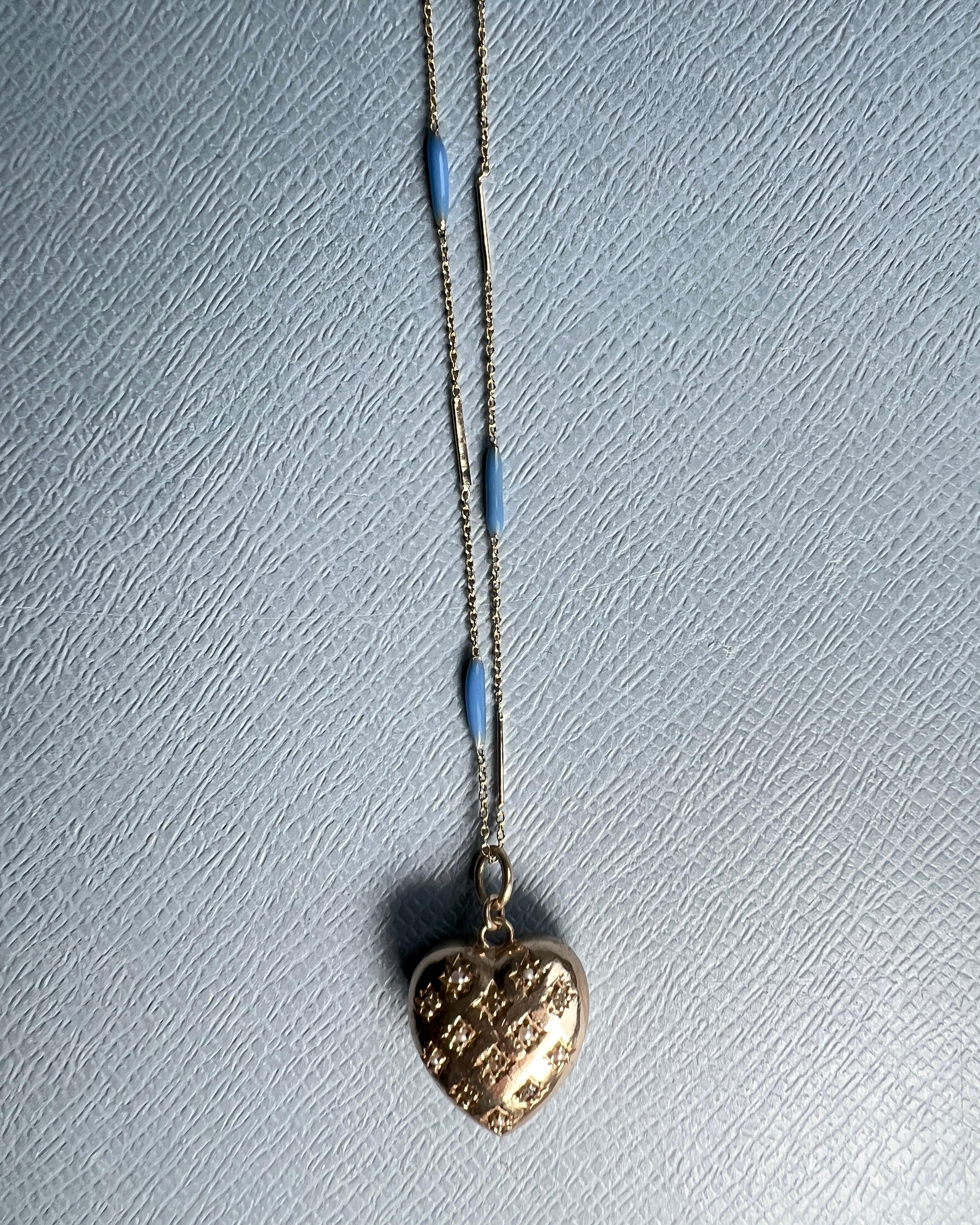 Herz Halskette Diamant Perle Blau Emaille Gold Platte im Angebot 7