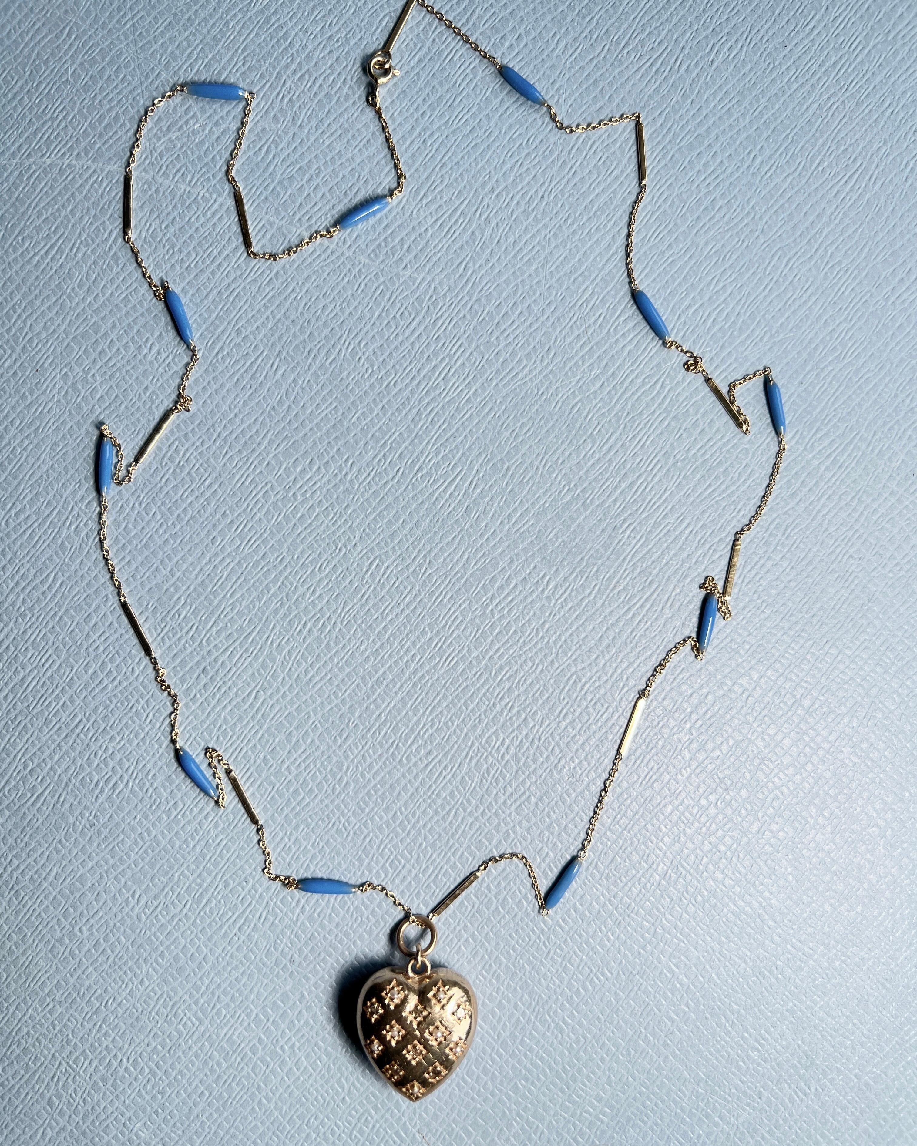 Herz Halskette Diamant Perle Blau Emaille Gold Platte im Angebot 8