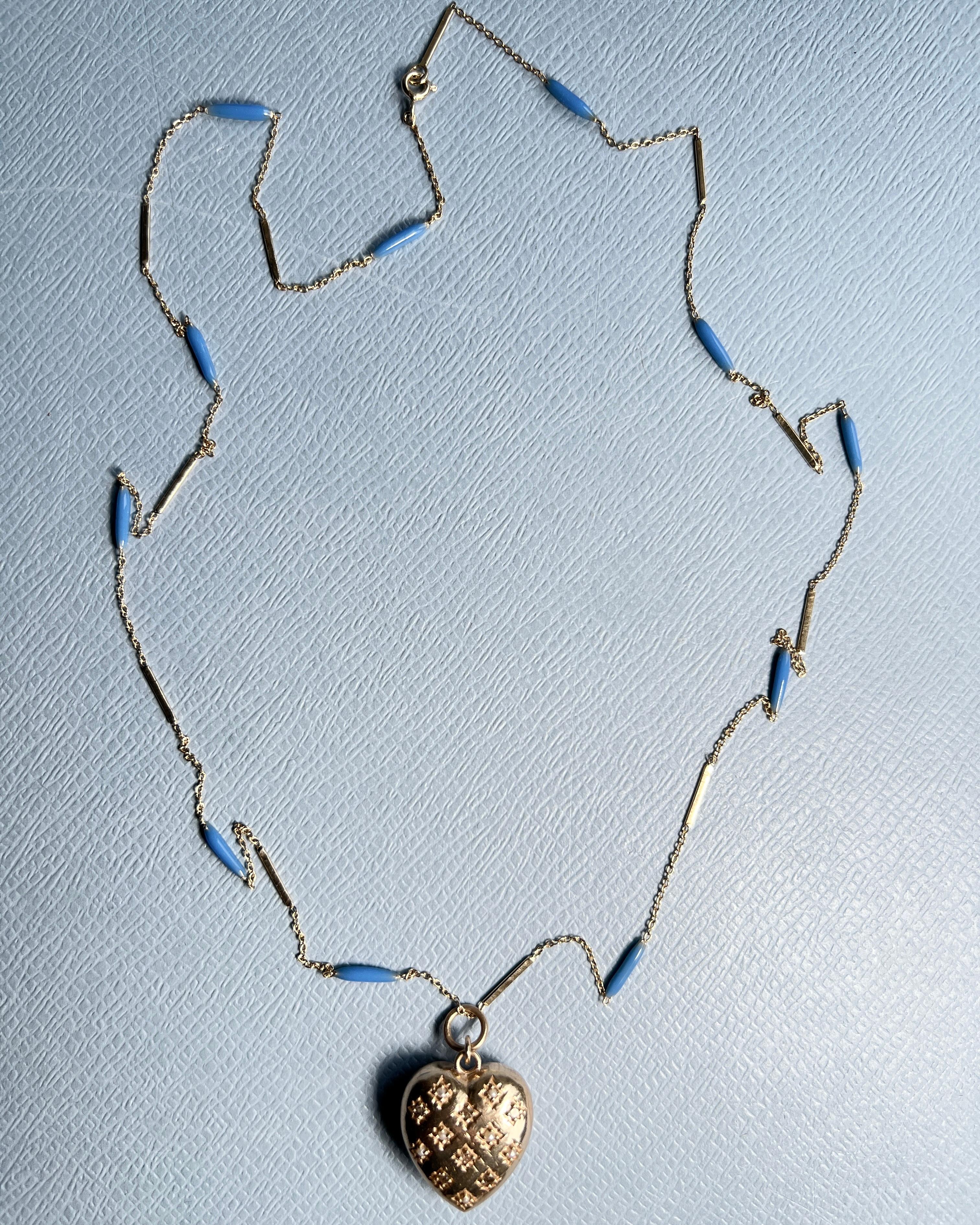 Herz Halskette Diamant Perle Blau Emaille Gold Platte im Angebot 9