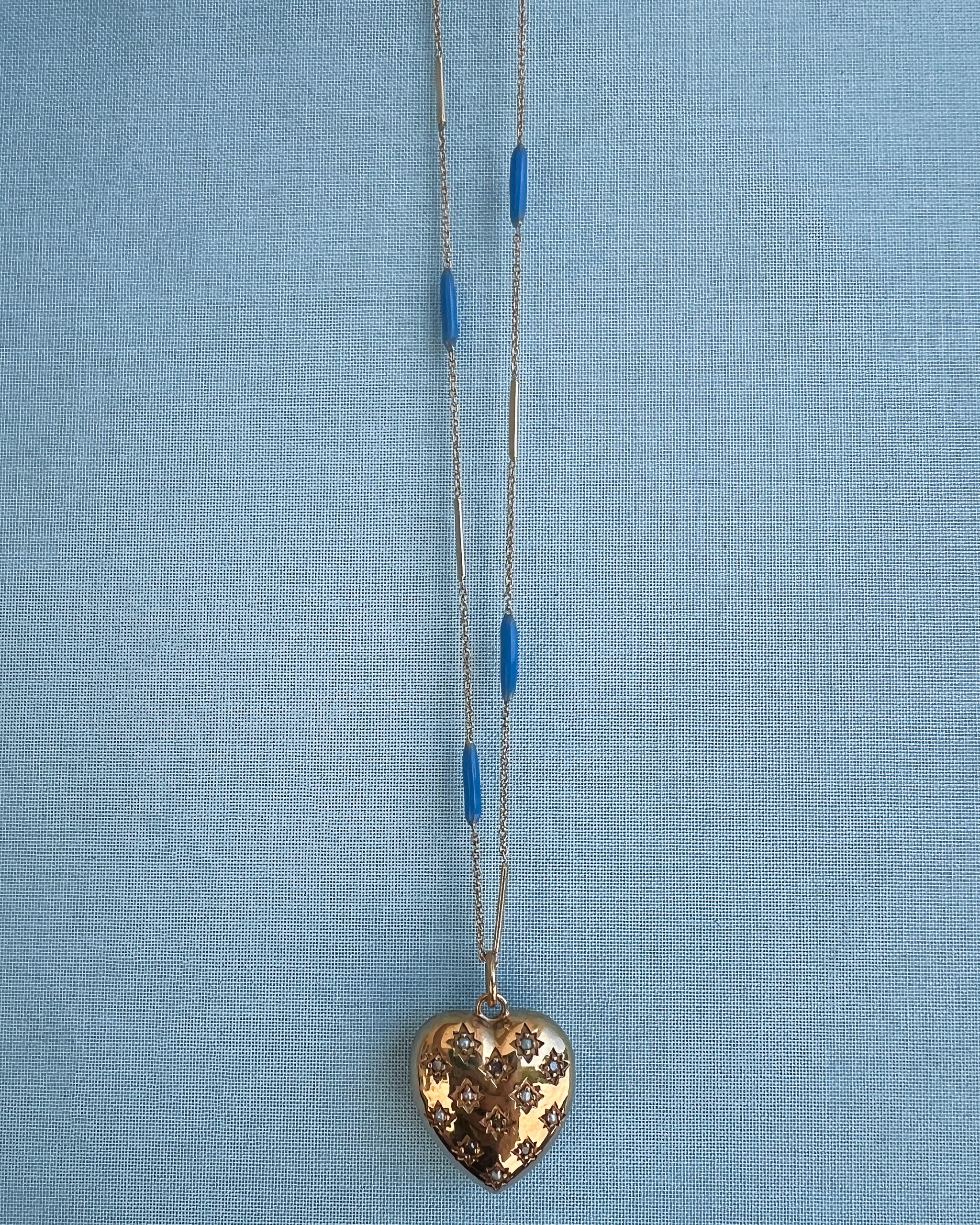 Herz Halskette Diamant Perle Blau Emaille Gold Platte (Viktorianisch) im Angebot