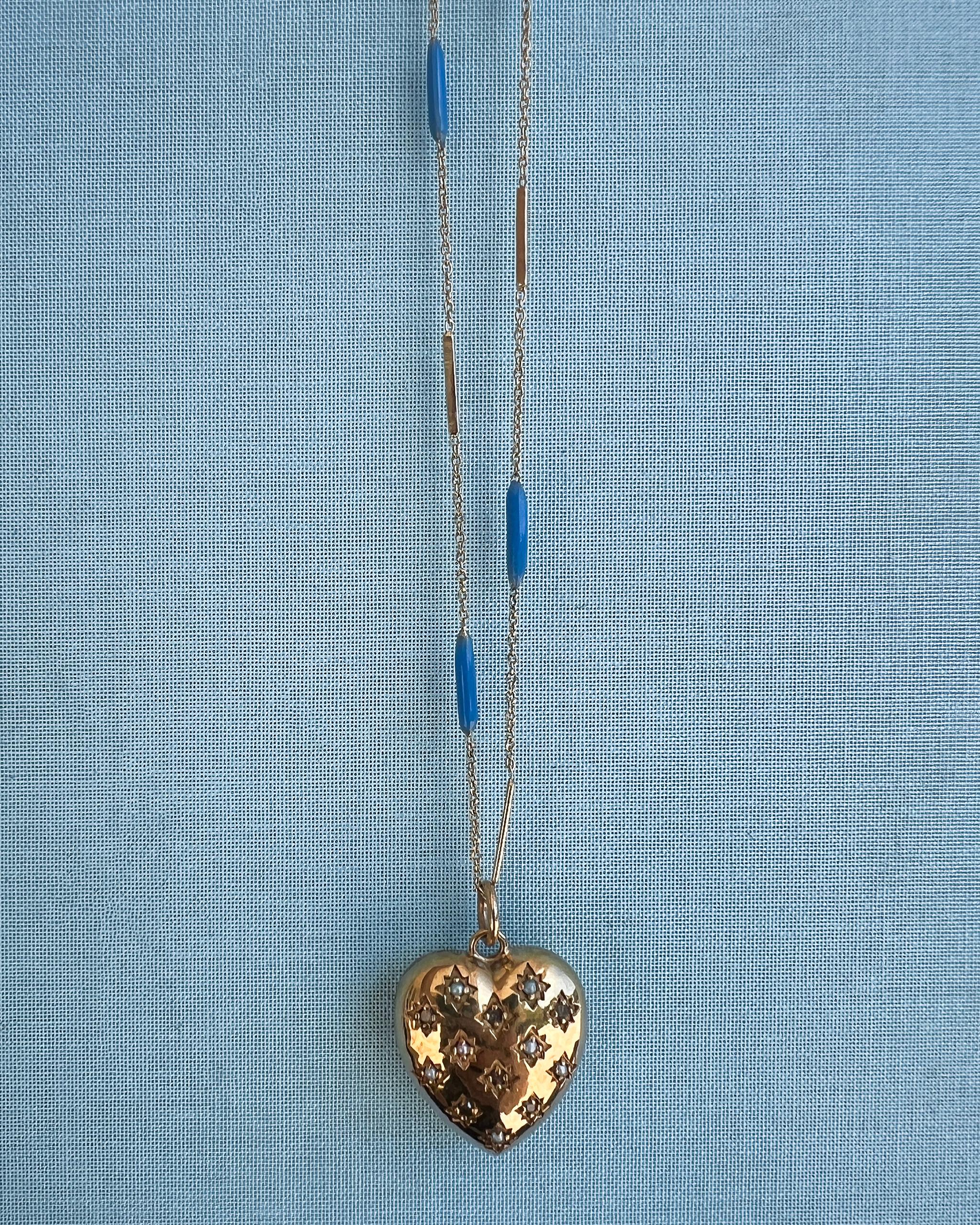 Herz Halskette Diamant Perle Blau Emaille Gold Platte (Einfacher Schliff) im Angebot