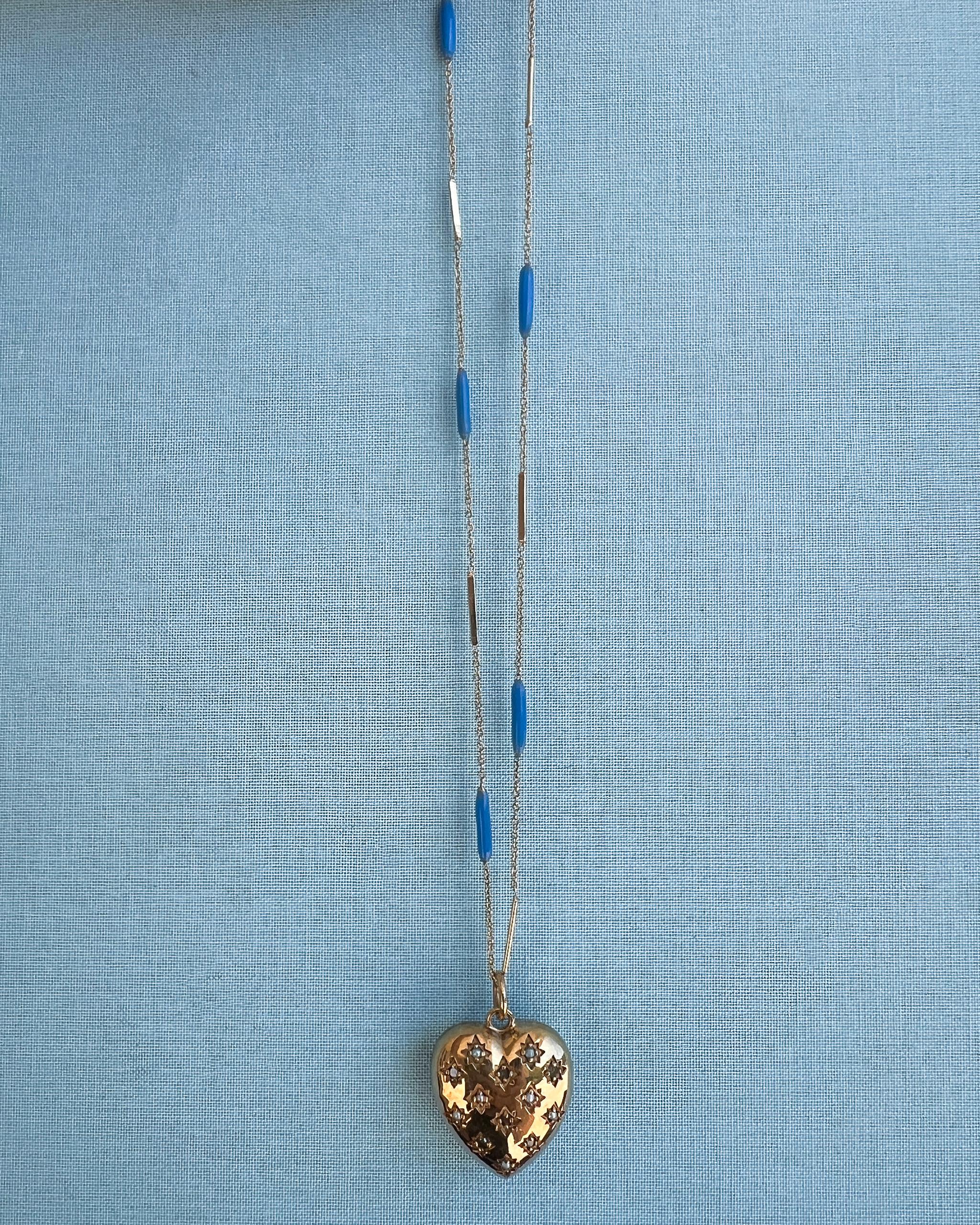 Herz Halskette Diamant Perle Blau Emaille Gold Platte im Angebot 2