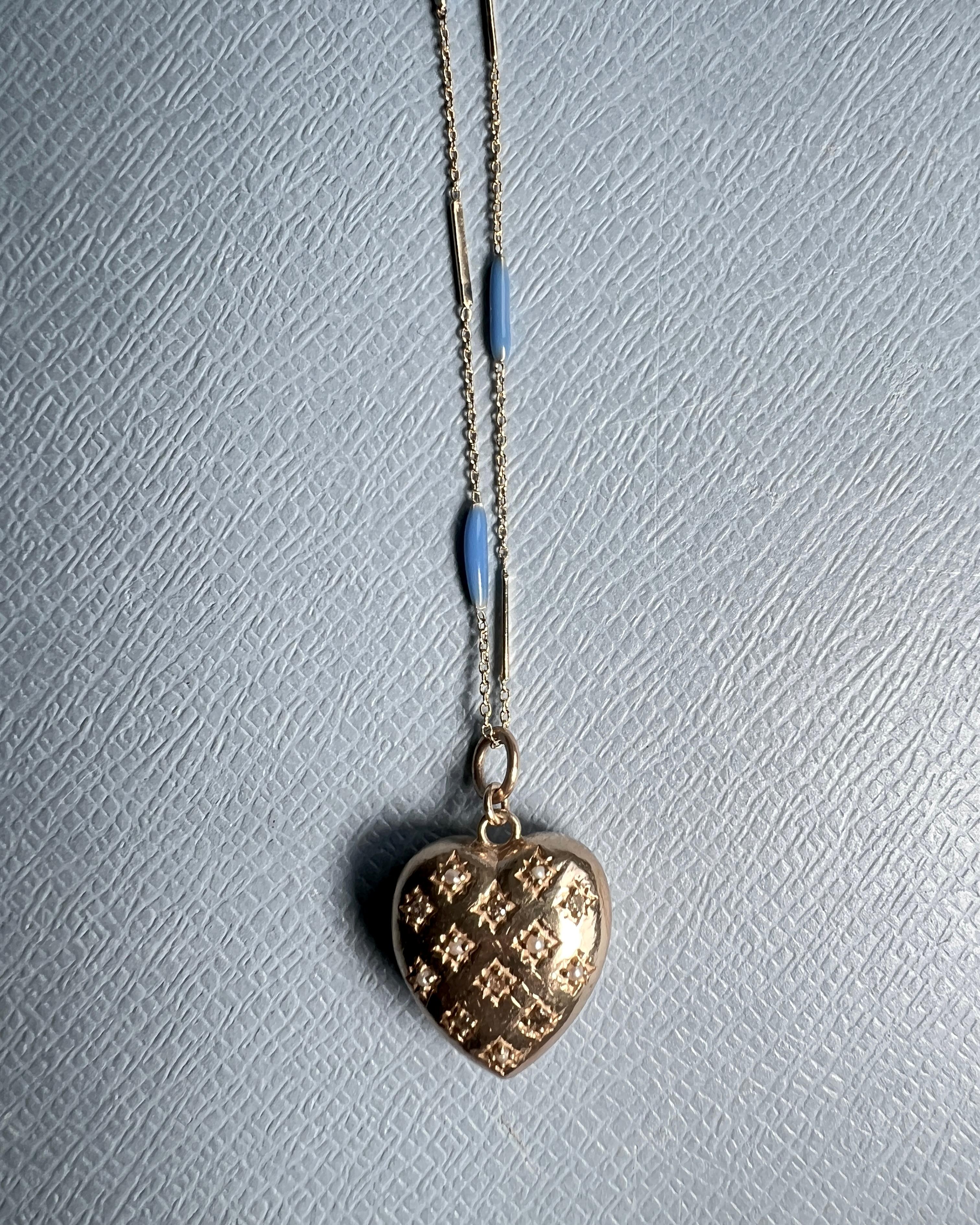 Herz Halskette Diamant Perle Blau Emaille Gold Platte im Angebot 3