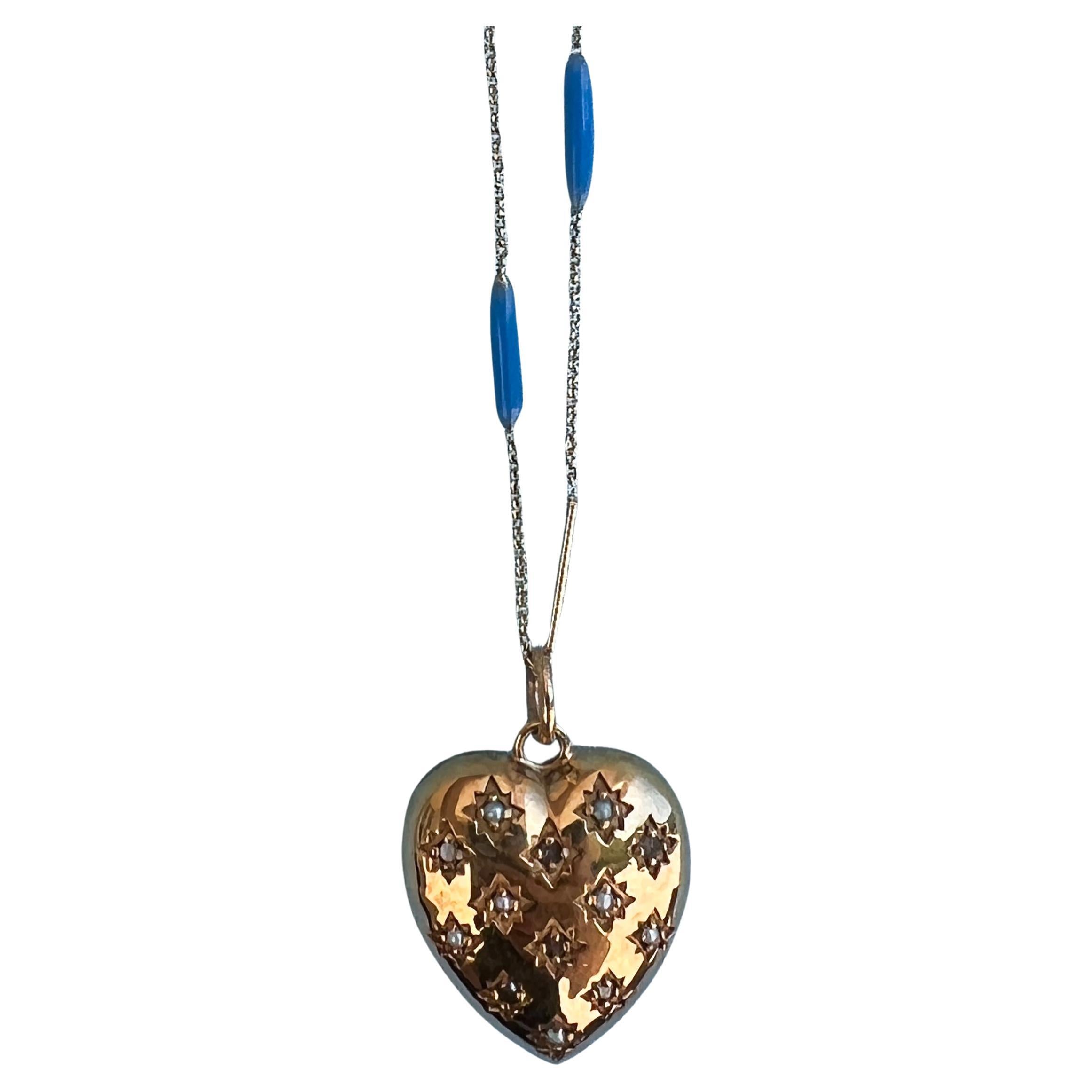 Heart Necklace Diamond Pearl Blue Enamel Gold Plate