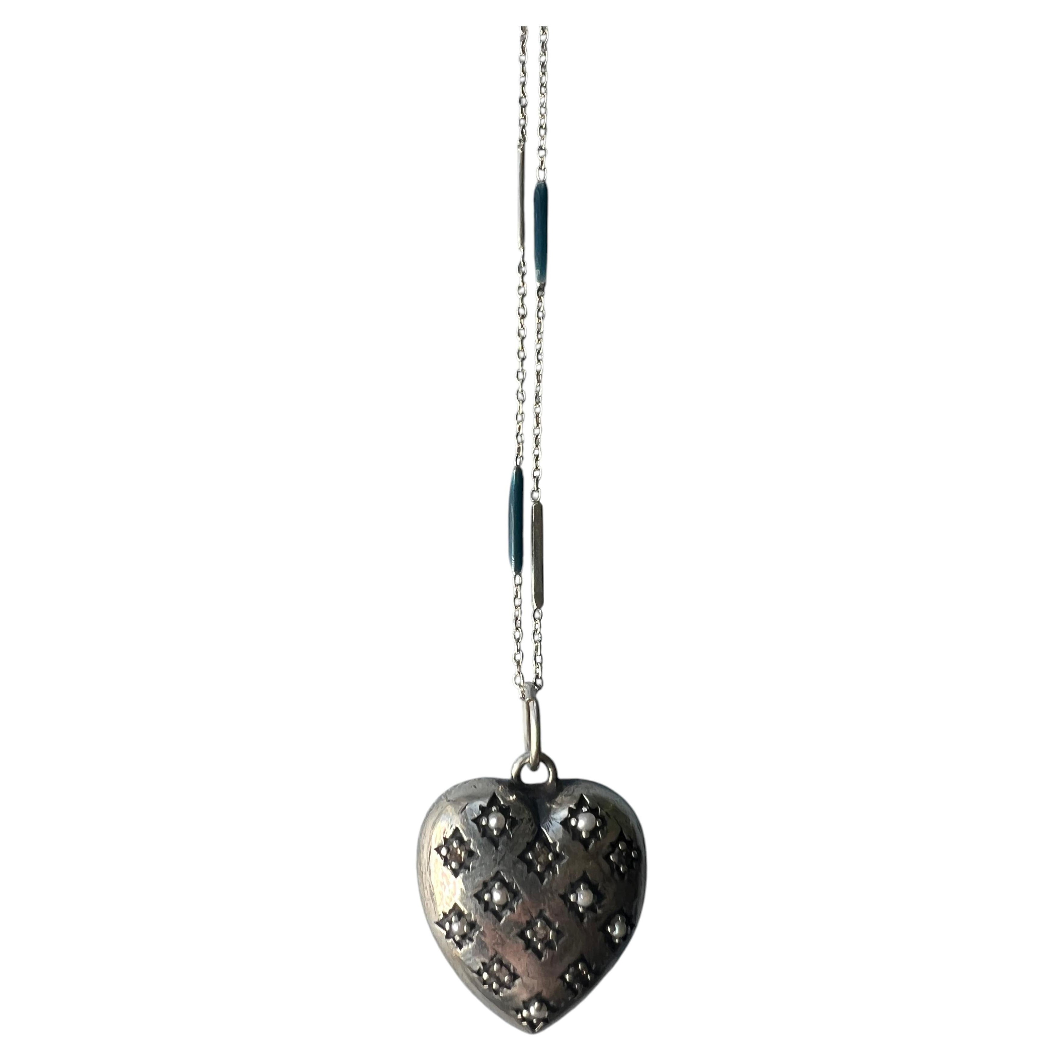 Silver Heart Necklace Pearl Diamond Puffy Heart Pendant Blue Enamel Chain For Sale