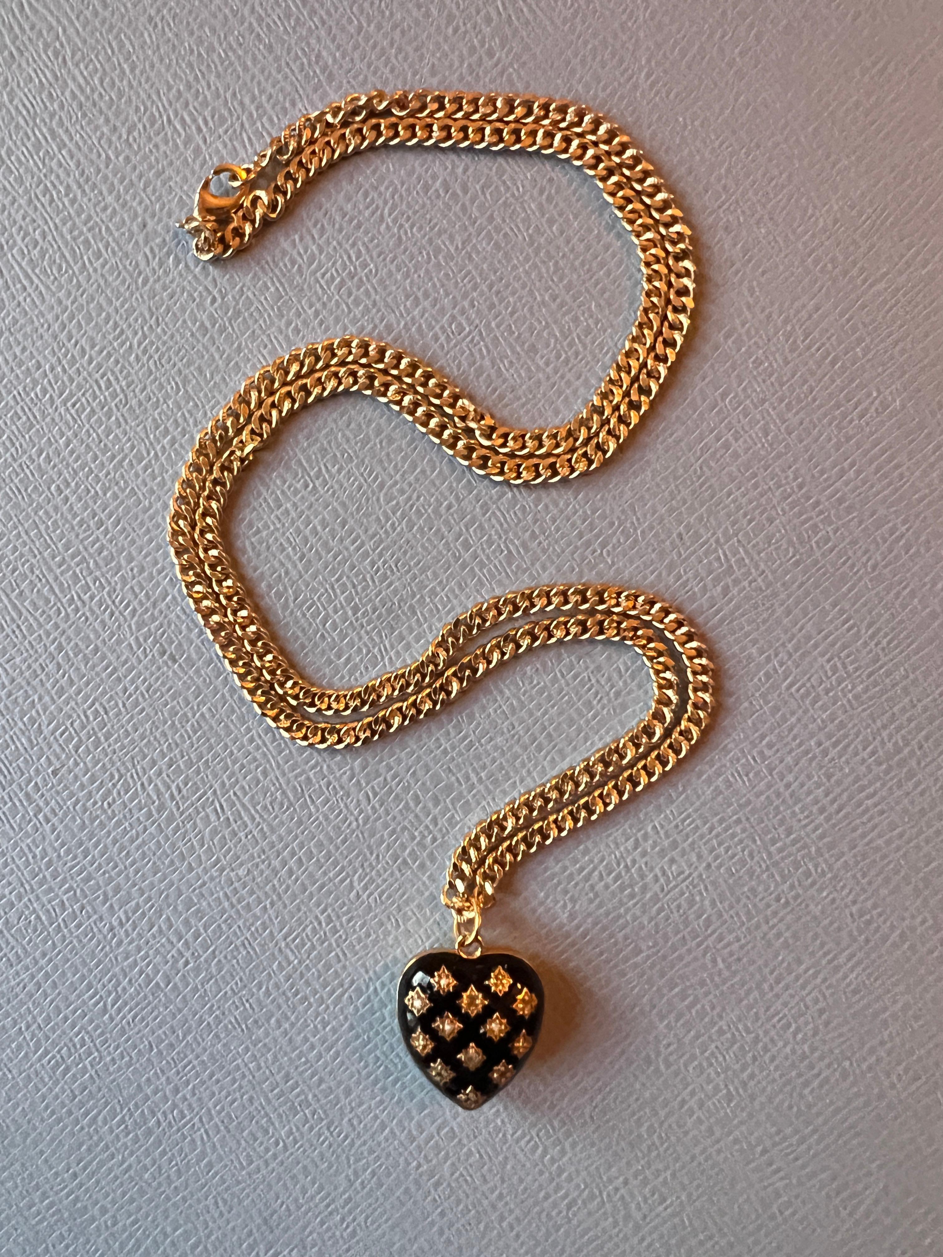 Heart Necklace Victorian Memento Mori Style White Diamond Black Enamel For Sale 6