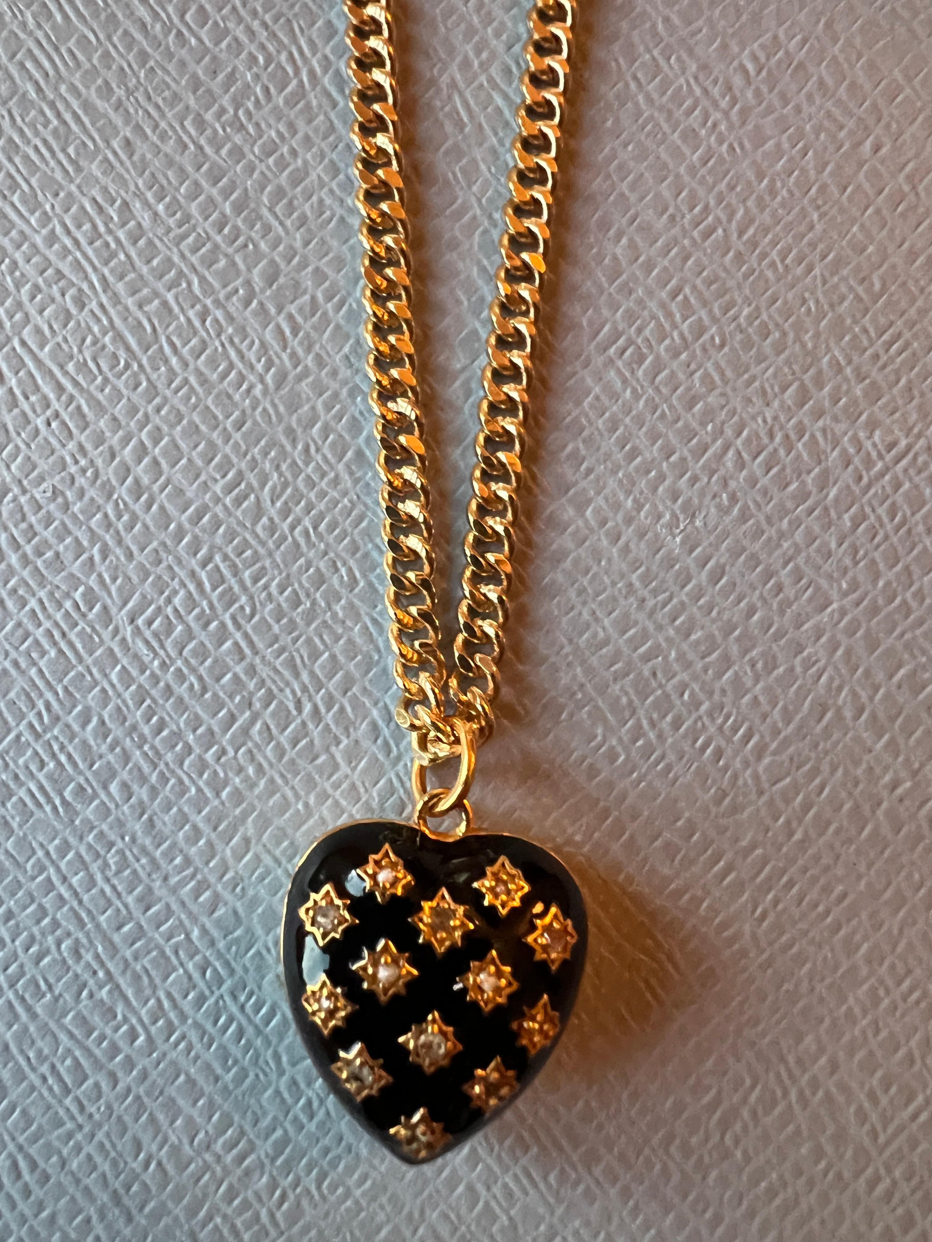 Heart Necklace Victorian Memento Mori Style White Diamond Black Enamel In New Condition For Sale In Los Angeles, CA