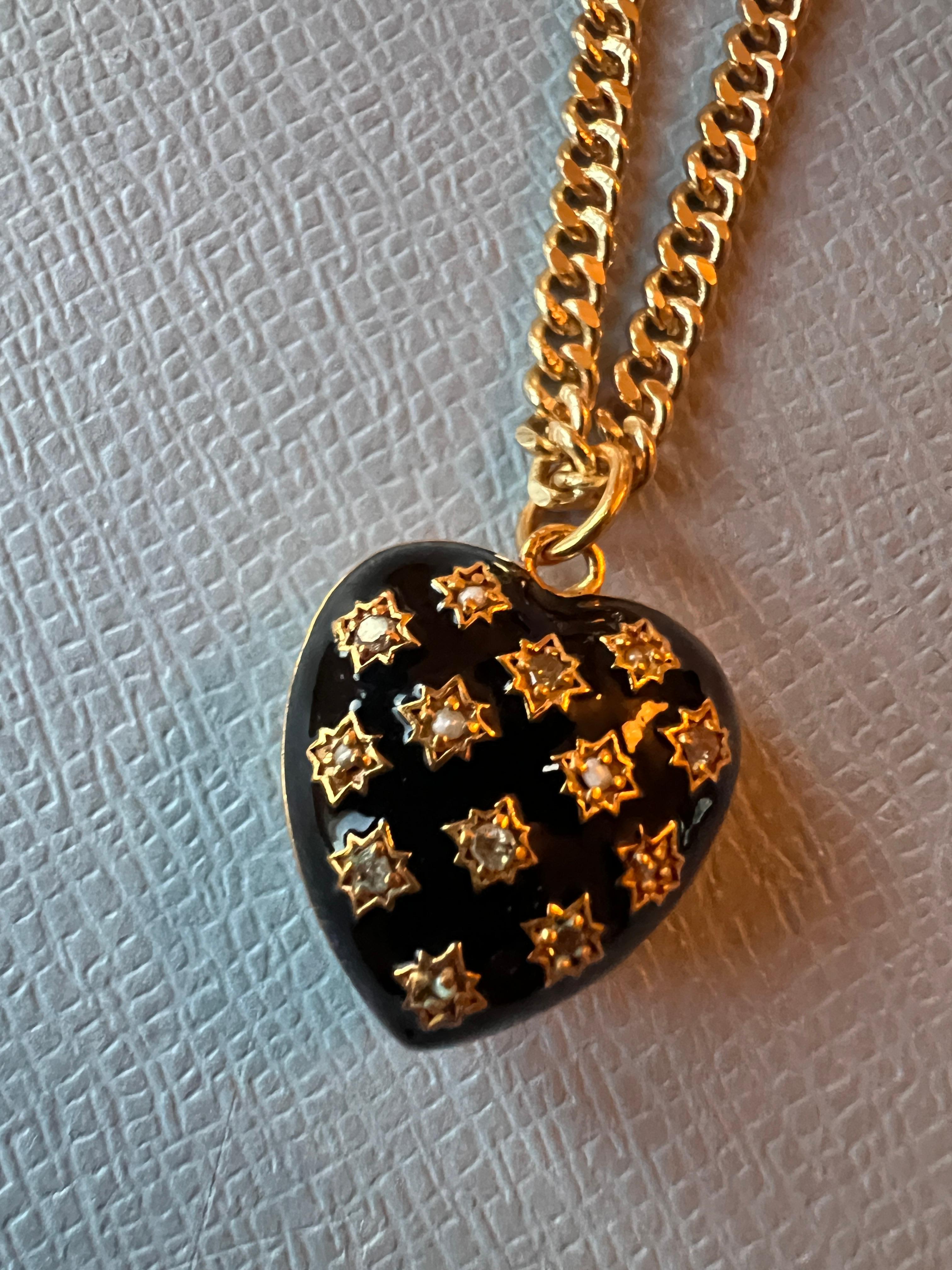 Heart Necklace Victorian Memento Mori Style White Diamond Black Enamel For Sale 1