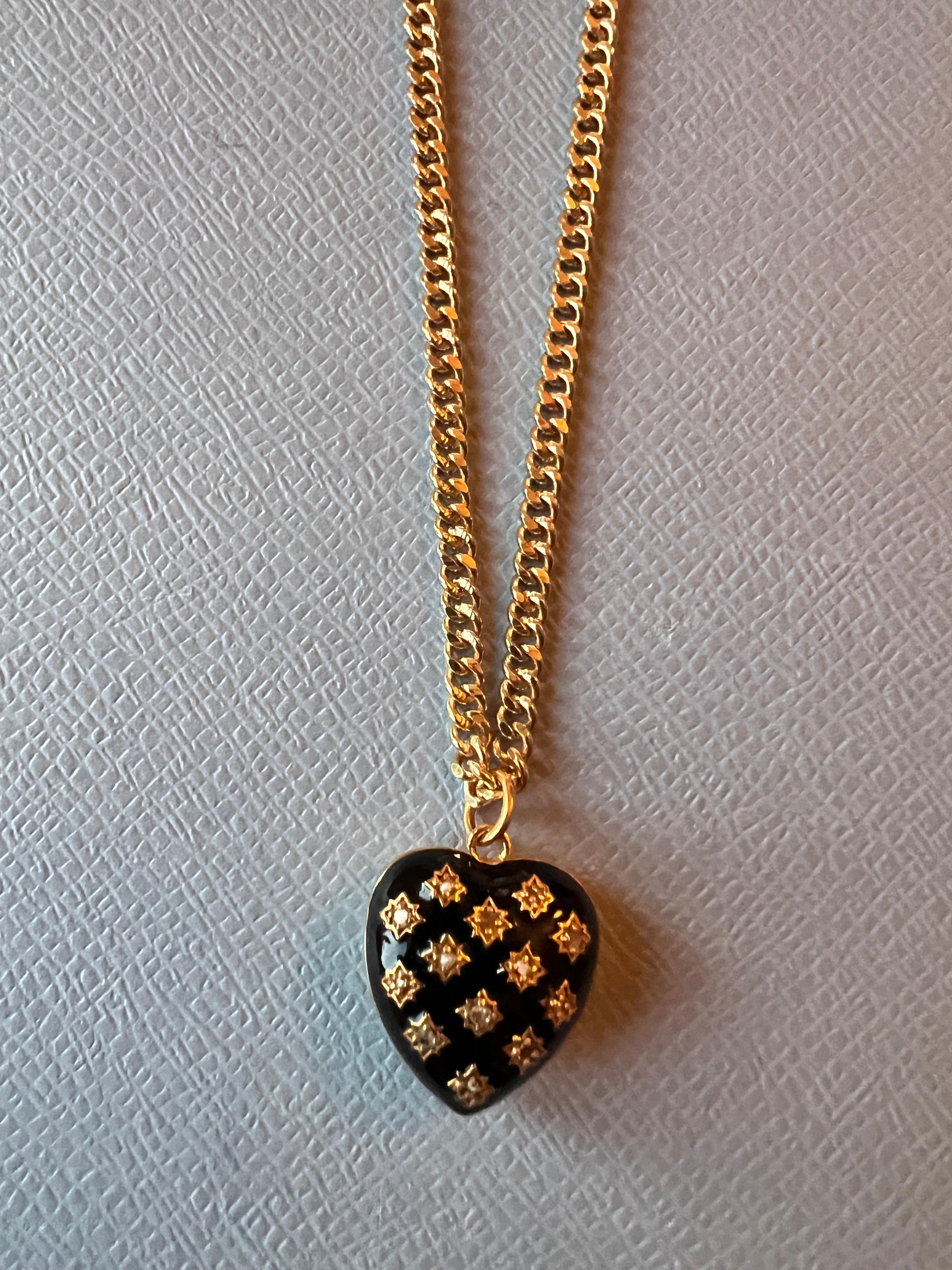 Heart Necklace Victorian Memento Mori Style White Diamond Black Enamel For Sale 2