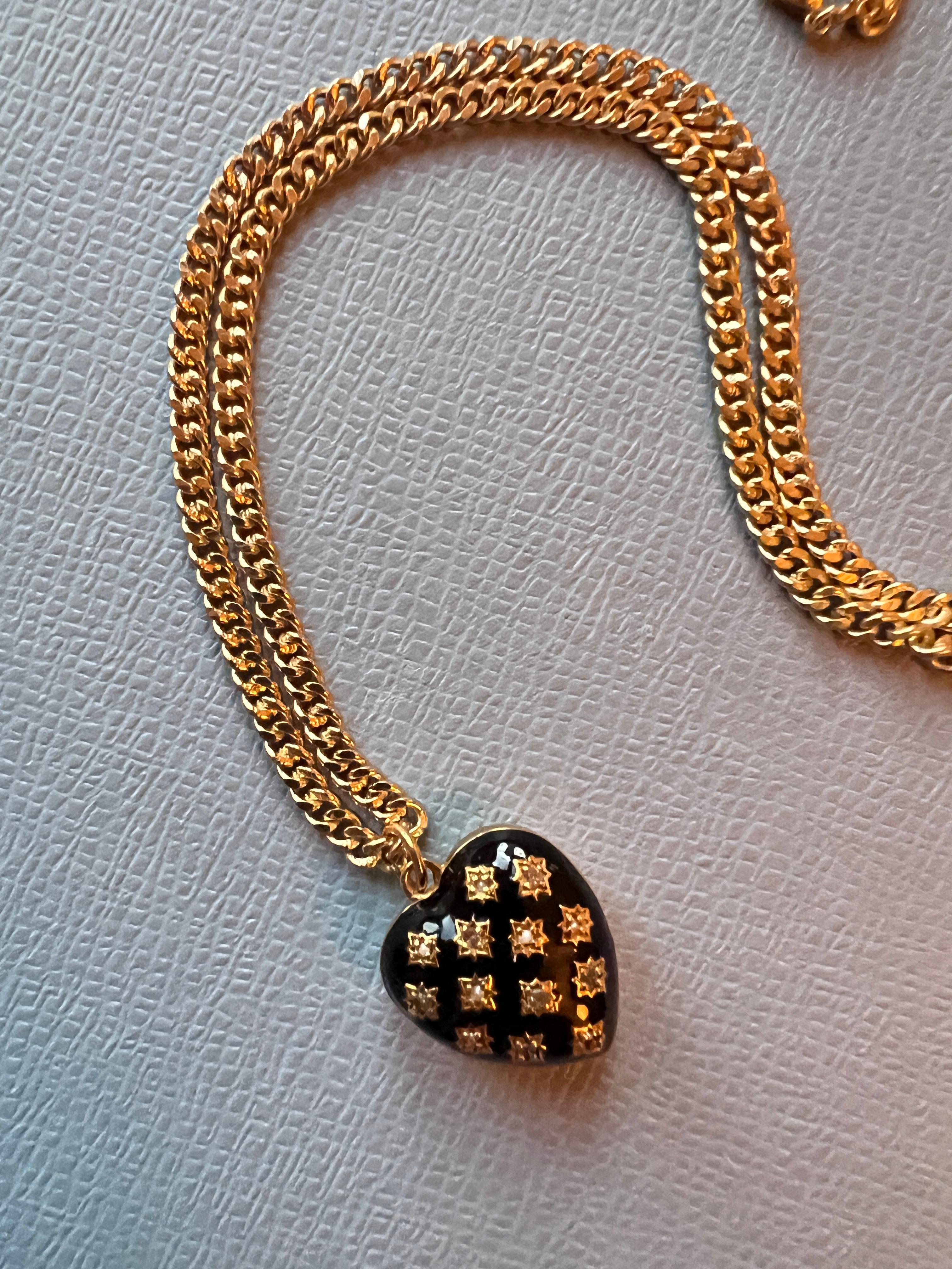 White Diamond Heart Necklace Black Enamel For Sale 8