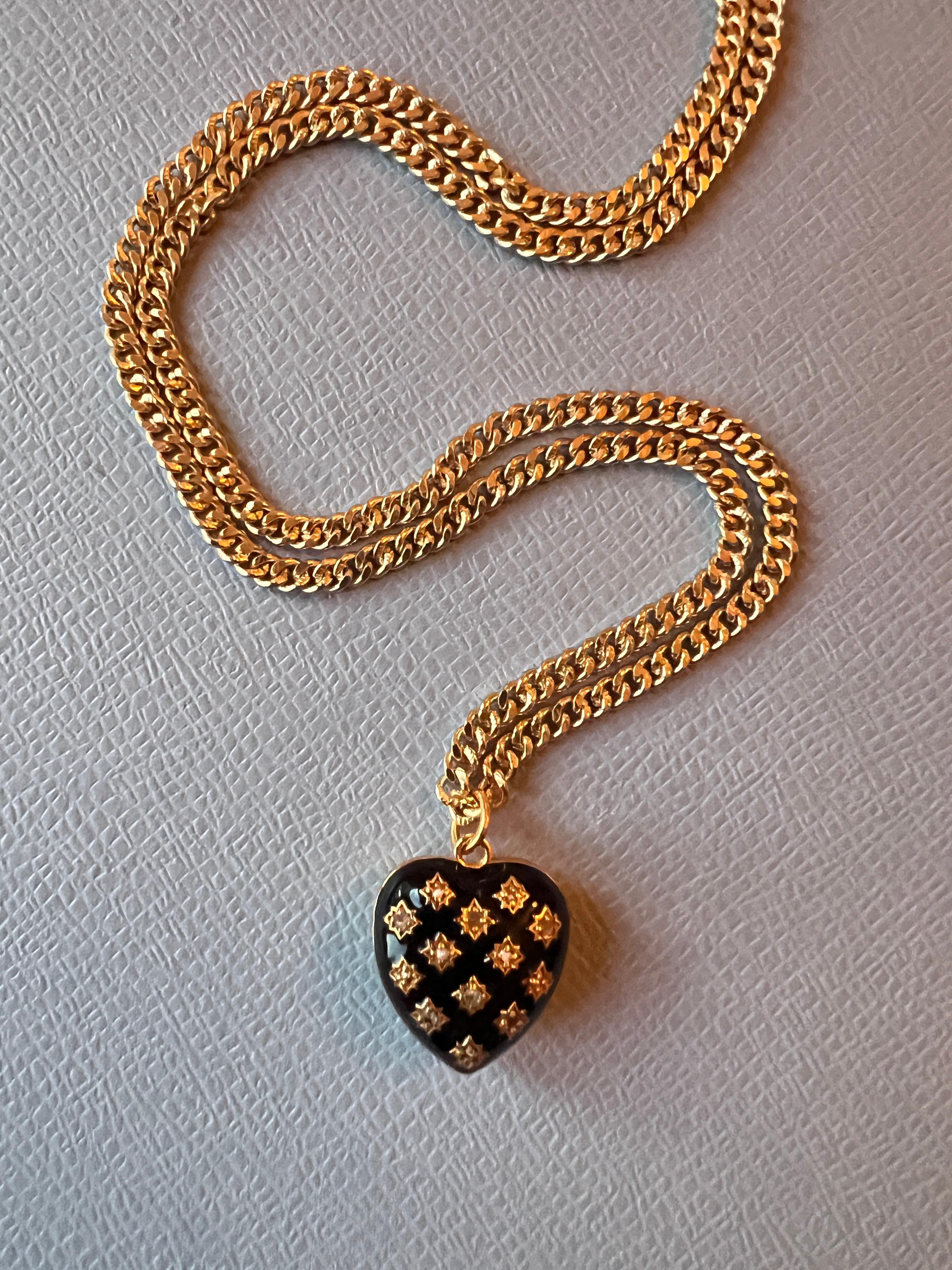 White Diamond Heart Necklace Black Enamel For Sale 11