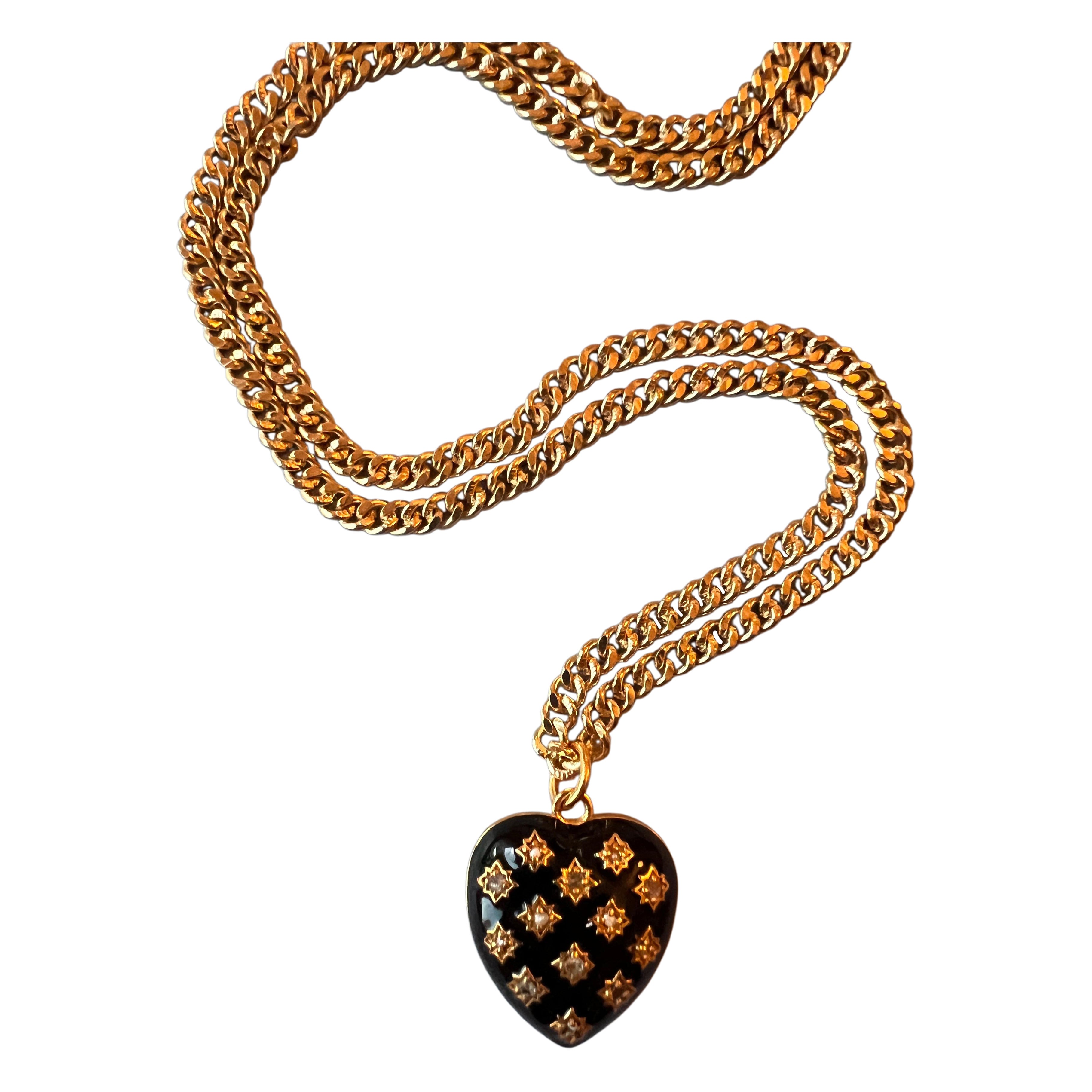 Women's White Diamond Heart Necklace Black Enamel For Sale