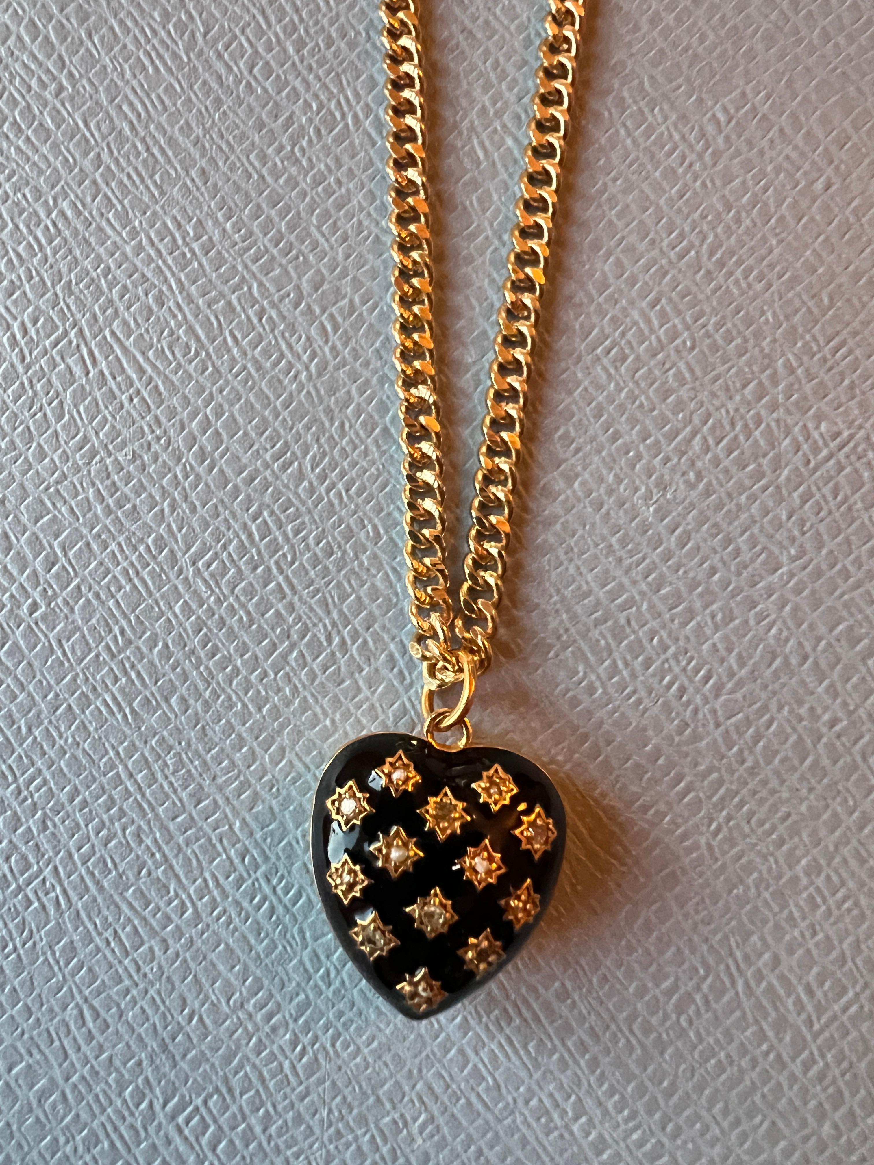 White Diamond Heart Necklace Black Enamel For Sale 1