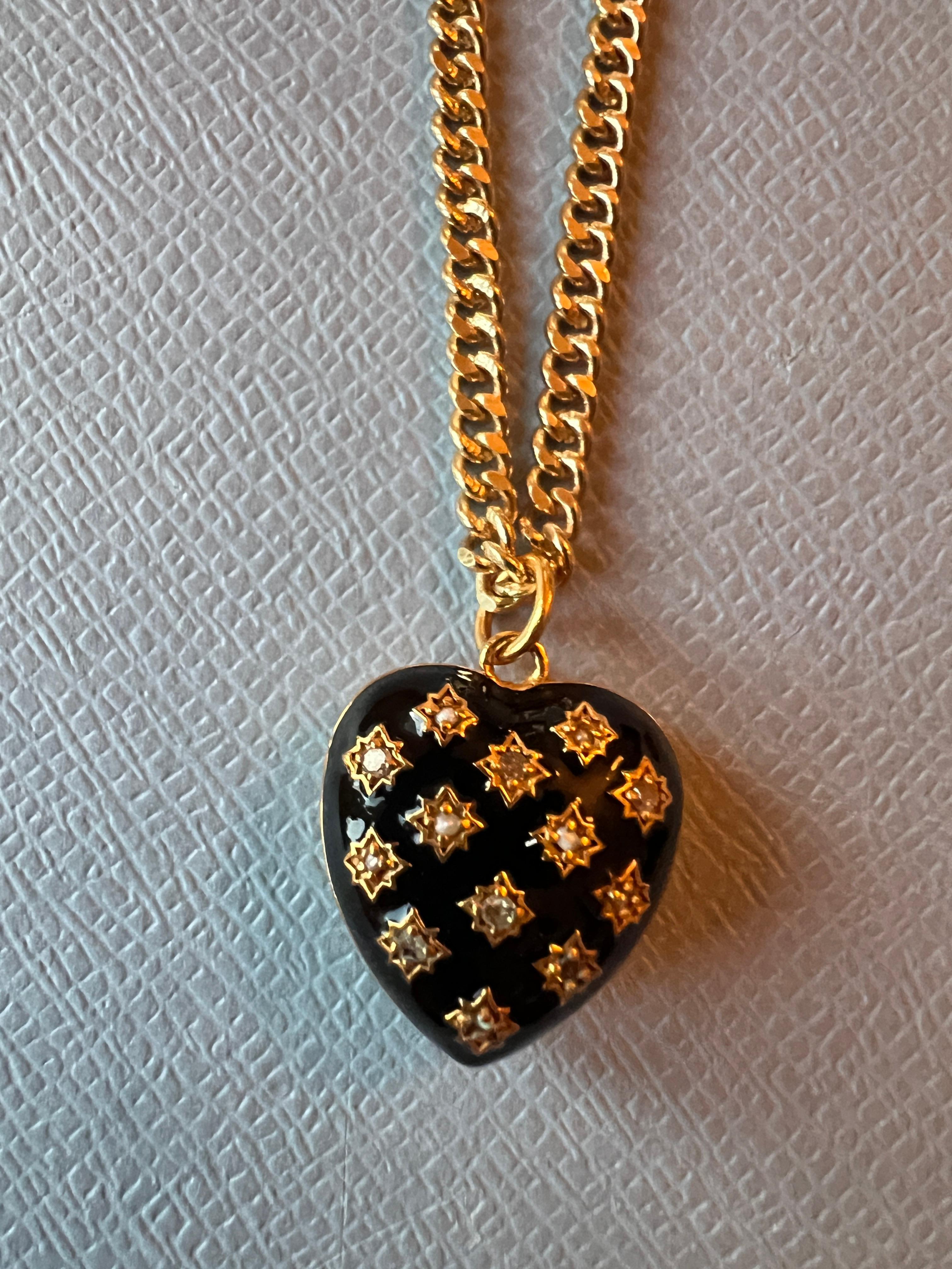 White Diamond Heart Necklace Black Enamel For Sale 4