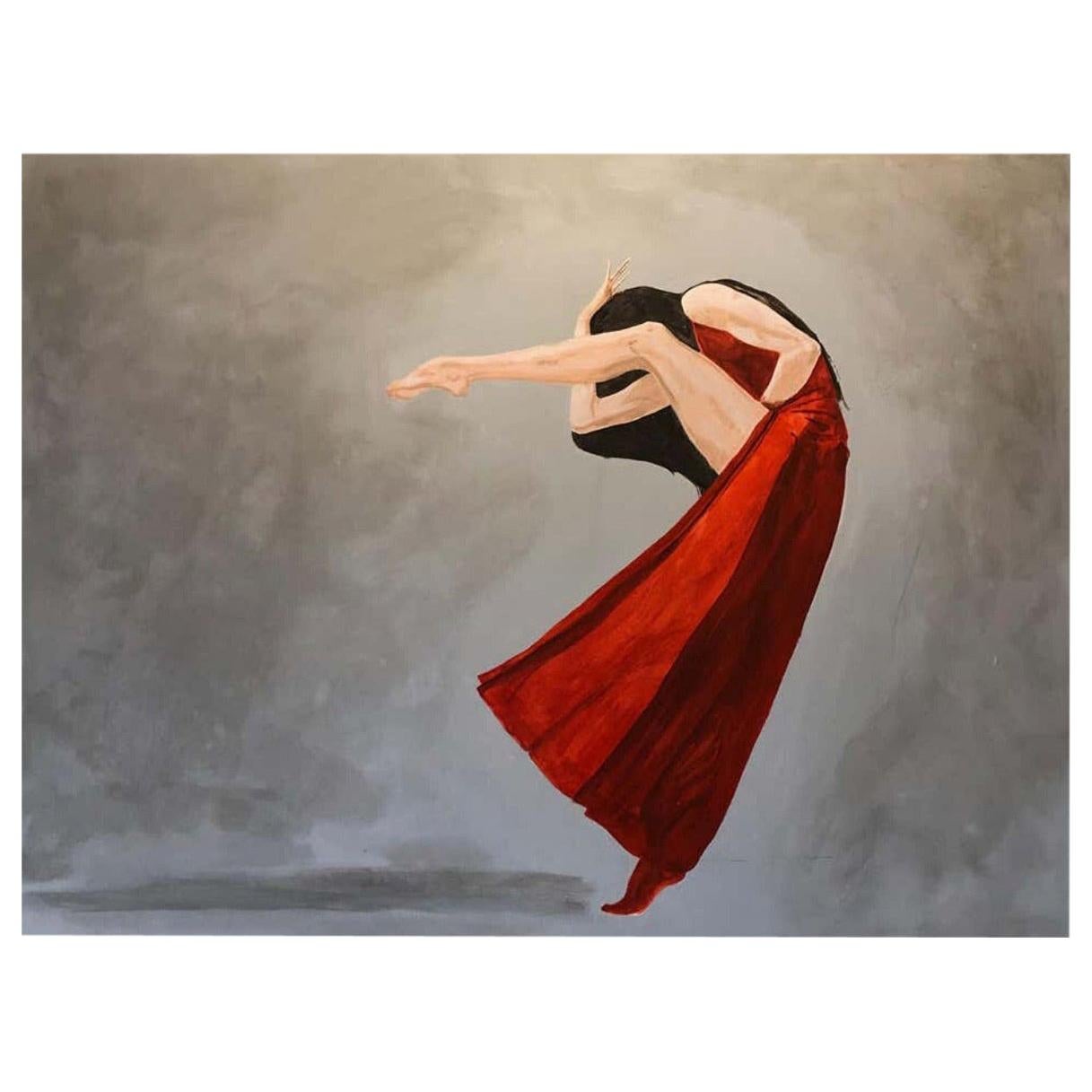 "Heart on Fire" Figurative Dancer, Mixed-Media Canvas Painting, Red, Gray, Black
