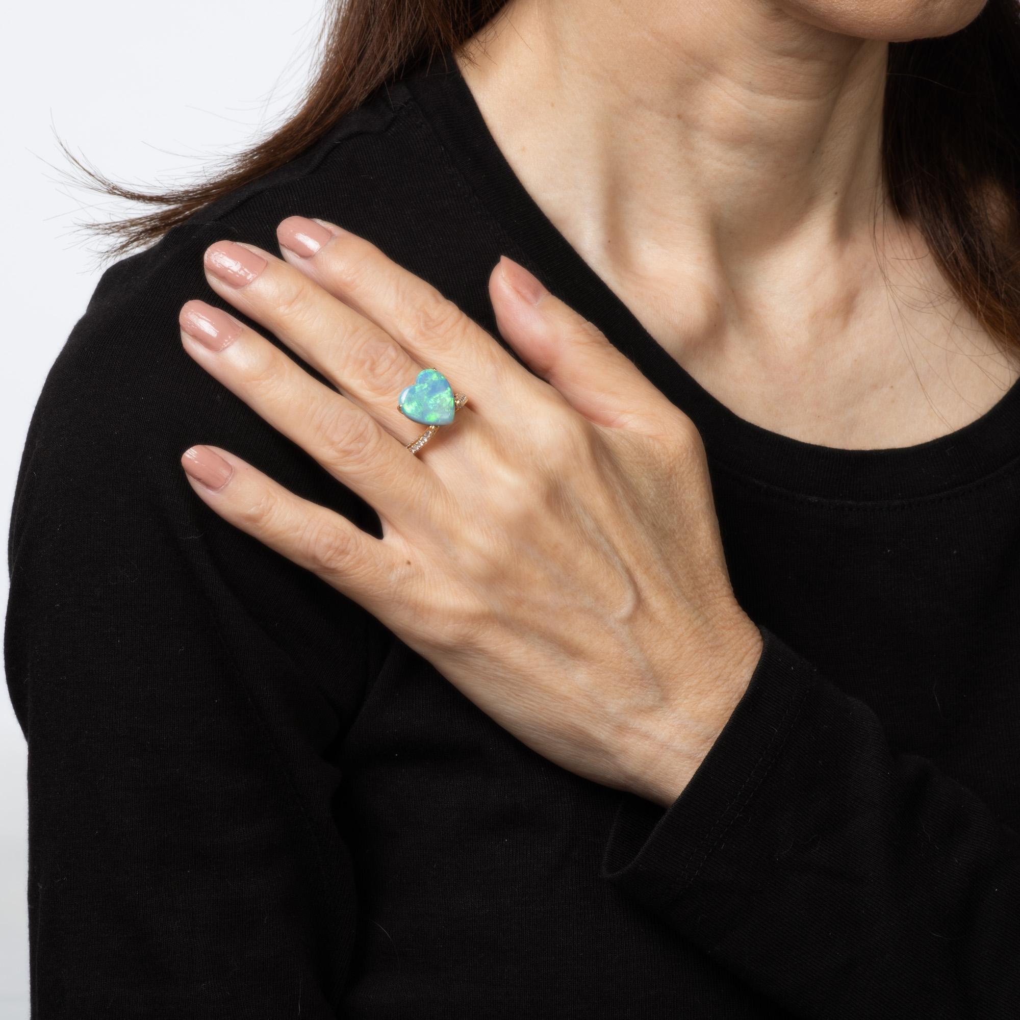 Women's Heart Opal Diamond Ring Vintage 18k Yellow Gold Sz 6.75 Estate Fine Jewelry For Sale