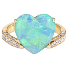 Heart Opal Diamond Ring Vintage 18k Yellow Gold Sz 6.75 Estate Fine Jewelry
