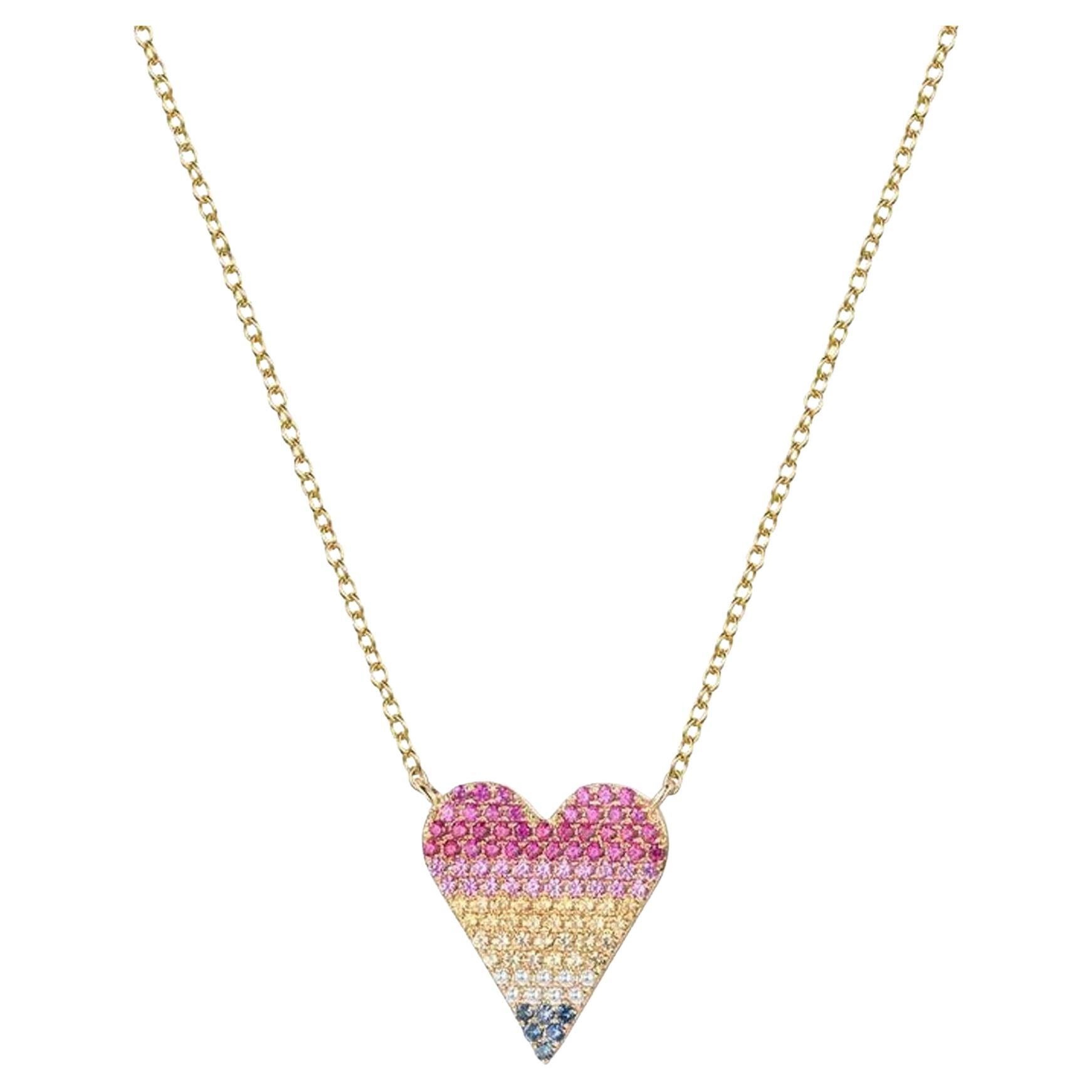 Heart Pave 14K Yellow Gold Multicolor Sapphire Diamond Necklace