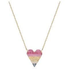 Heart Pave 14K Yellow Gold Multicolor Sapphire Diamond Necklace