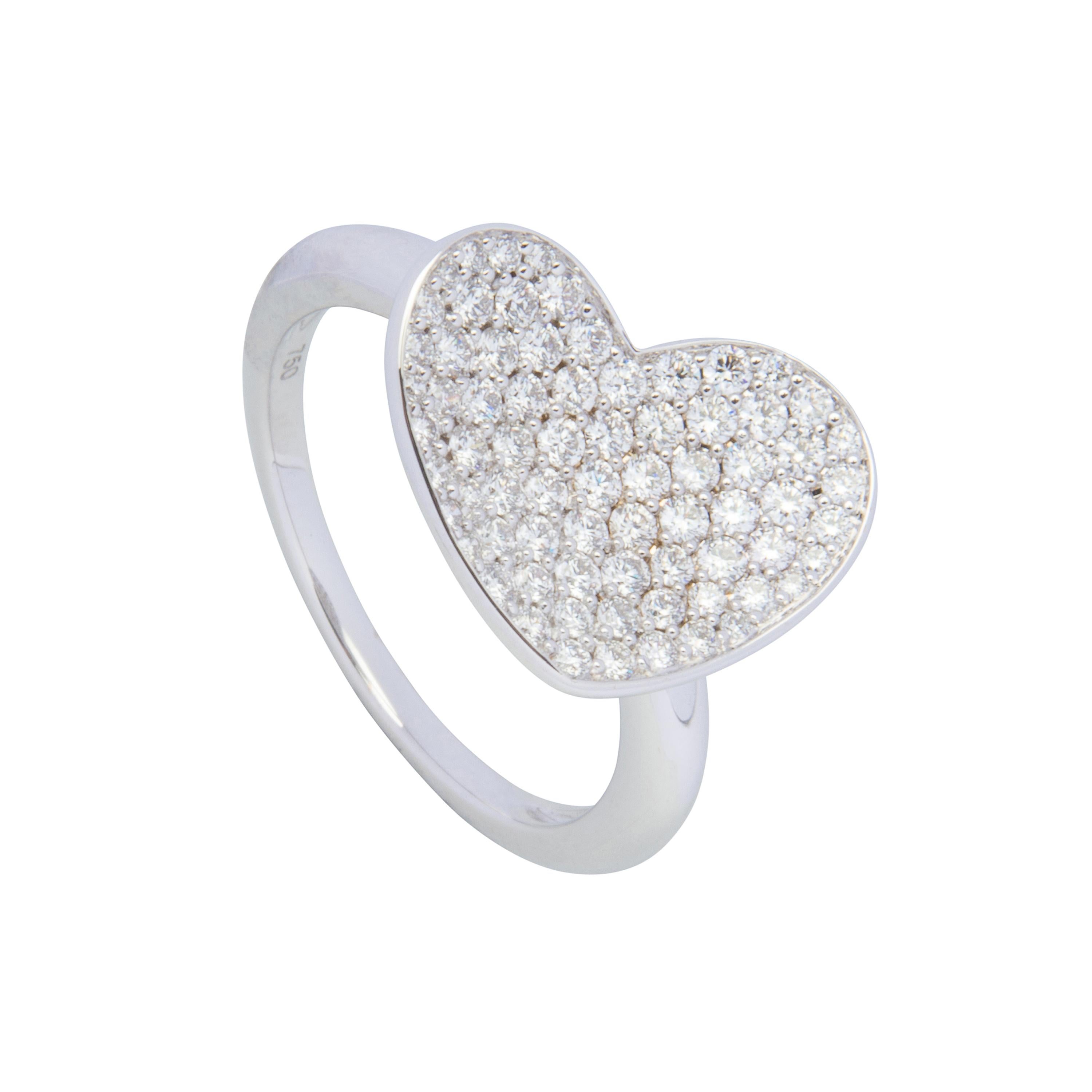 18 karat white gold heart ring set with pave diamonds totalling 0.73ct.  Size US5.5, sizeable +2 or -2.