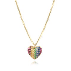Heart Pave Round Multicolor Sapphire 14K Yellow Gold Necklace