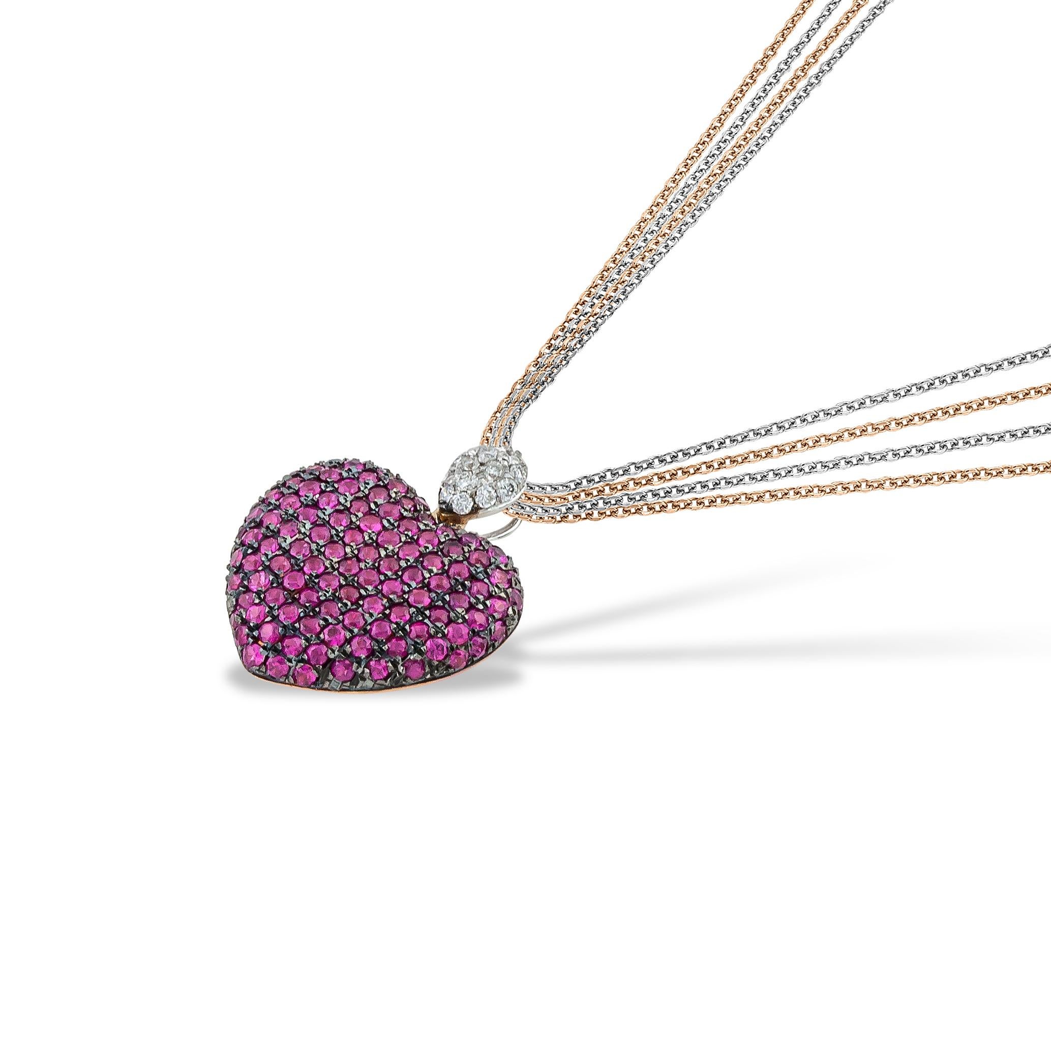 Red Heart Pave setting, with Pink Sapphires and Diamonds.This Heart Pendant - Necklace is handcrafted in 18kt Rose Gold. This Heart pendant comes with Multi Chain ( 2x rose and 2x white gold diamond cut rolo chain). This Heart belongs to