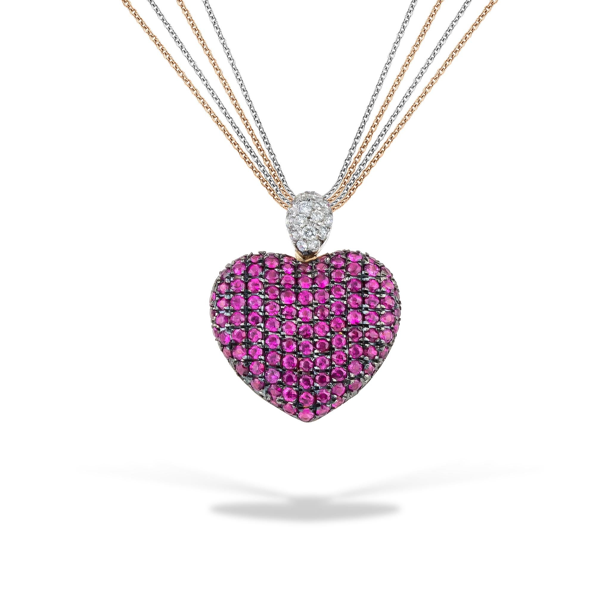 Halskette mit Anhänger aus 18 Karat Roségold mit Herzpavé-Fassung und rosa Saphiren und Diamanten (Zeitgenössisch) im Angebot