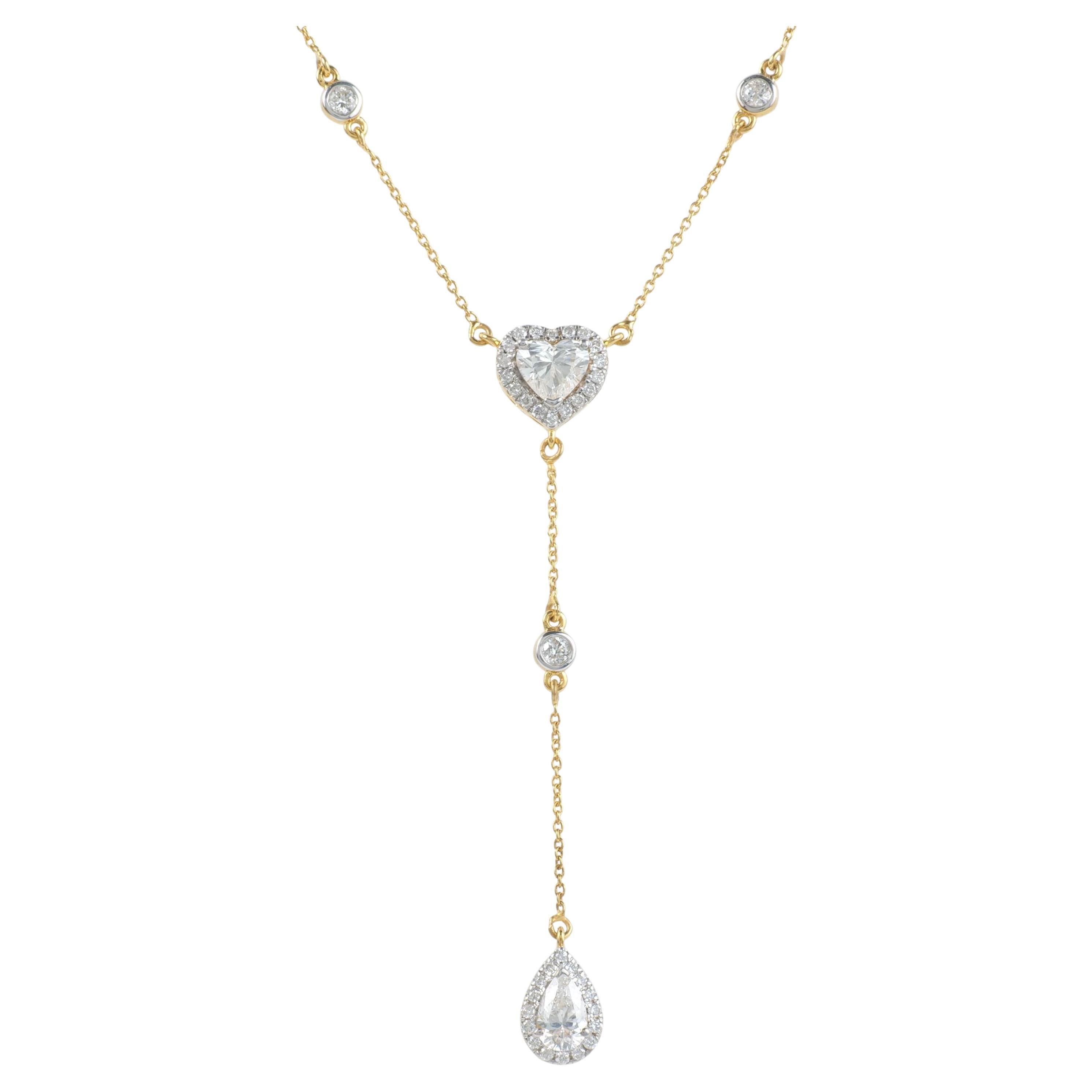 Heart Pear Natural Diamond Drop Lariat Necklace in 14k Solid Gold (Certified)