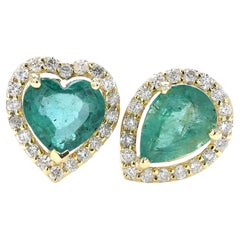 Heart & Pear Natural Emerald Diamond Halo Ring in 14k Solid Gold (Certified)