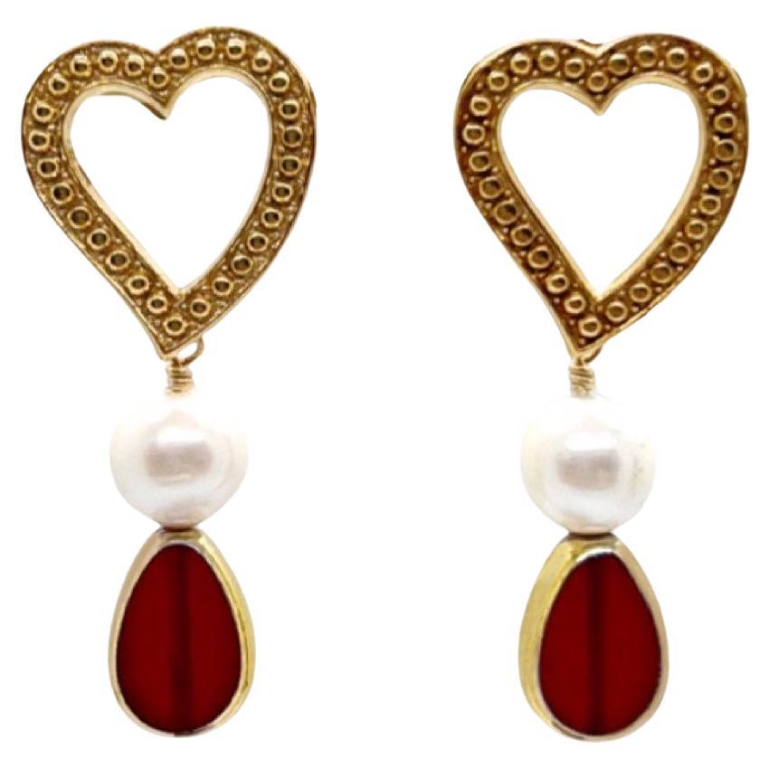 Heart Pearls and German Glass Beads Earrings For Sale