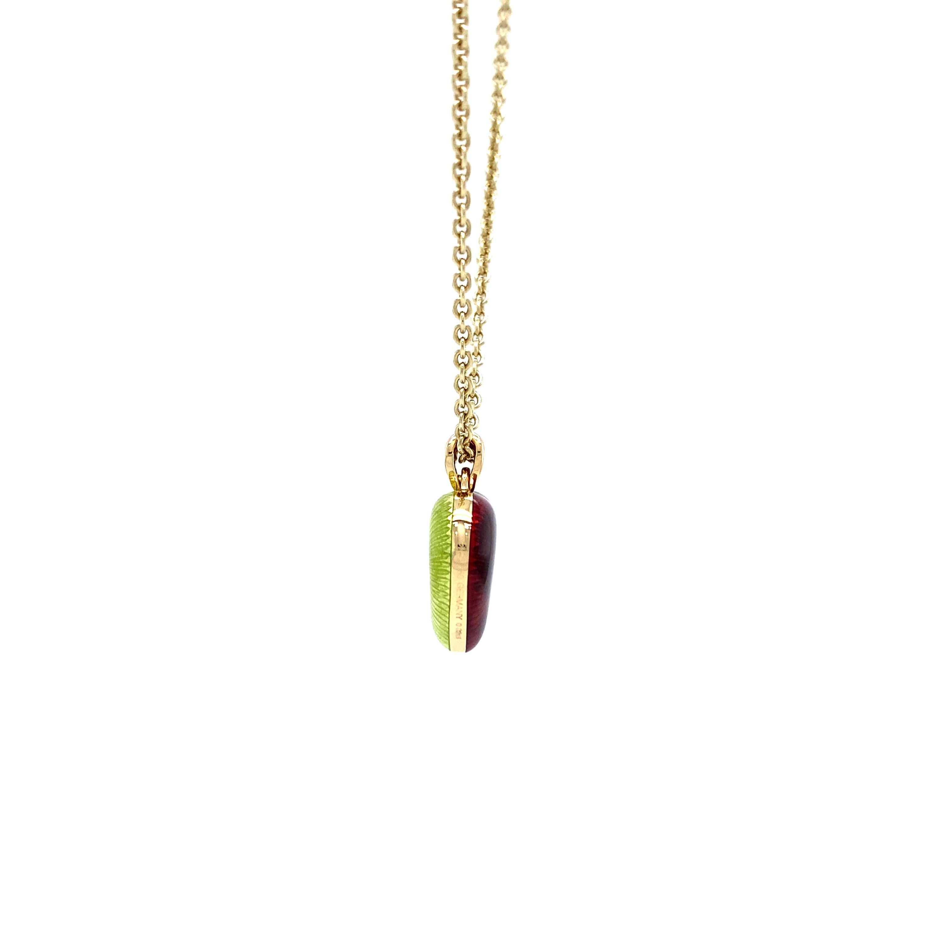 Victorian Heart Pendant Necklace 18k Yellow Gold Red and Green Enamel 2 Diamonds 2.02ct For Sale