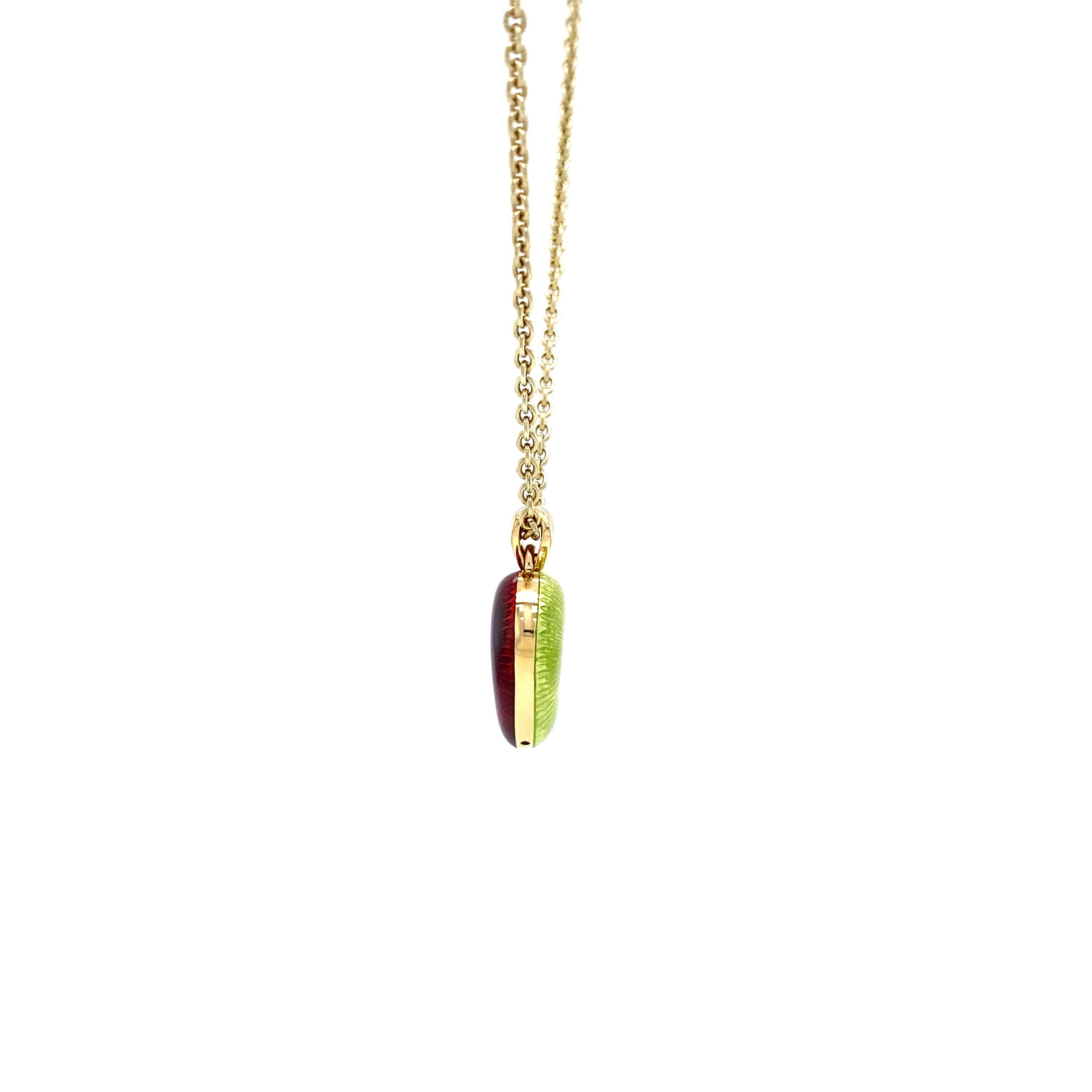 Women's or Men's Heart Pendant Necklace 18k Yellow Gold Red and Green Enamel 2 Diamonds 2.02ct For Sale