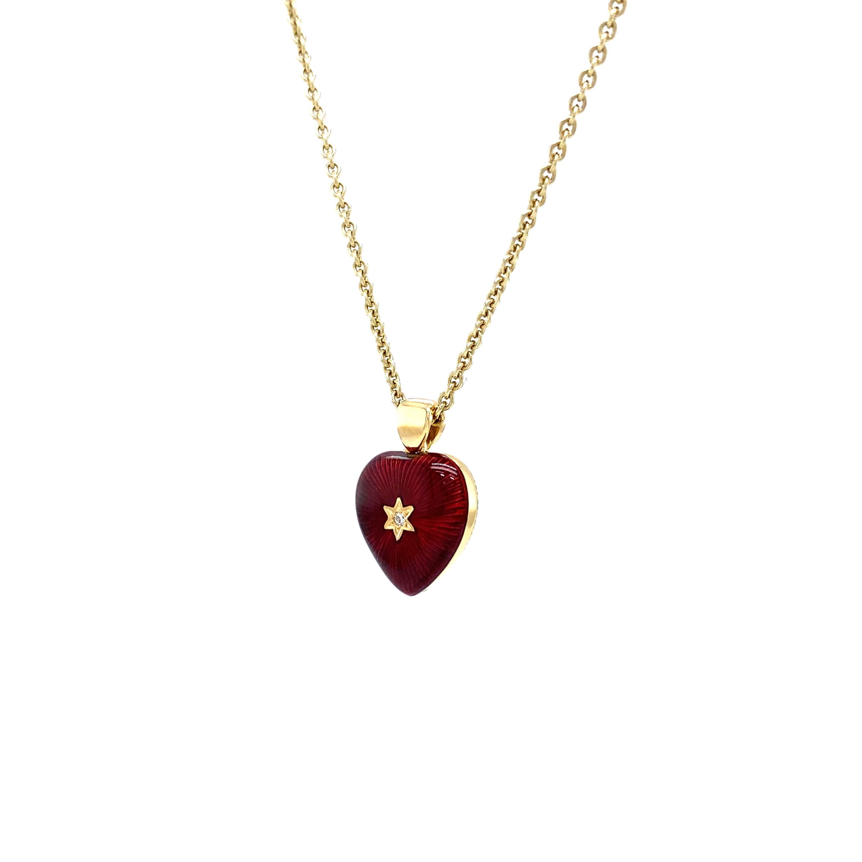 Heart Pendant Necklace 18k Yellow Gold Red and Green Enamel 2 Diamonds 2.02ct For Sale 1