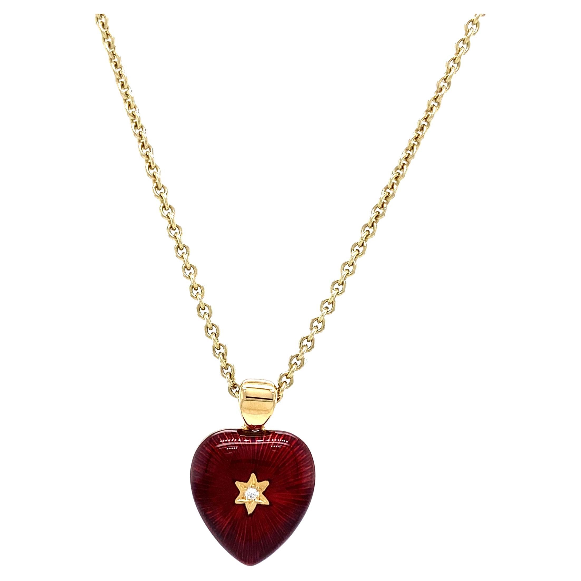 Heart Pendant Necklace 18k Yellow Gold Red and Green Enamel 2 Diamonds 2.02ct For Sale