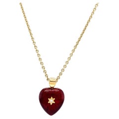 Heart Pendant Necklace 18k Yellow Gold Red and Green Enamel 2 Diamonds 2.02ct