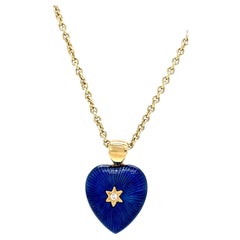 Two Colored Heart Pendant 18k Yellow Gold Dark/Light Blue Enamel Diamonds 2.02ct