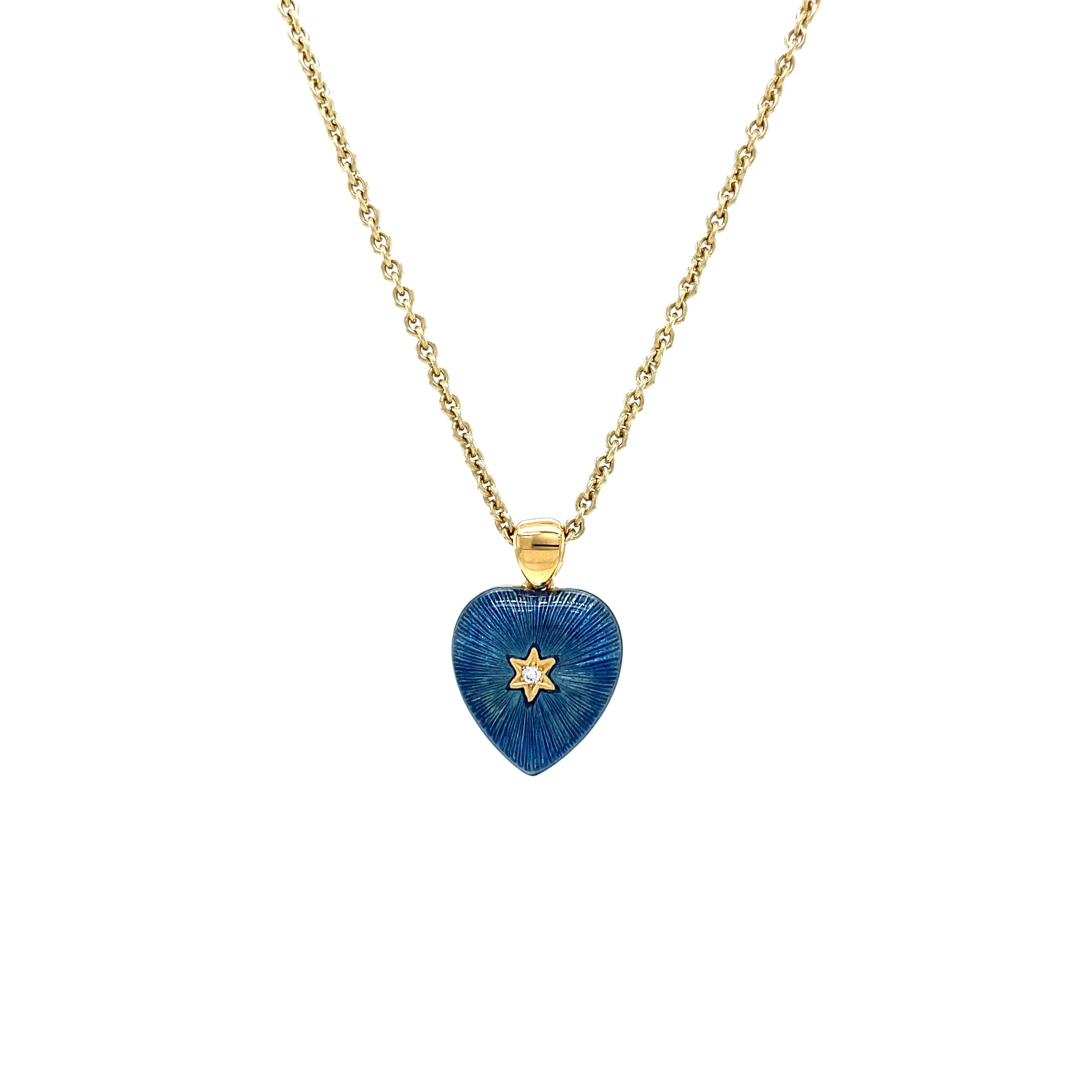 Women's Two Colored Heart Pendant 18k Yellow Gold Dark/Light Blue Enamel Diamonds 2.02ct For Sale