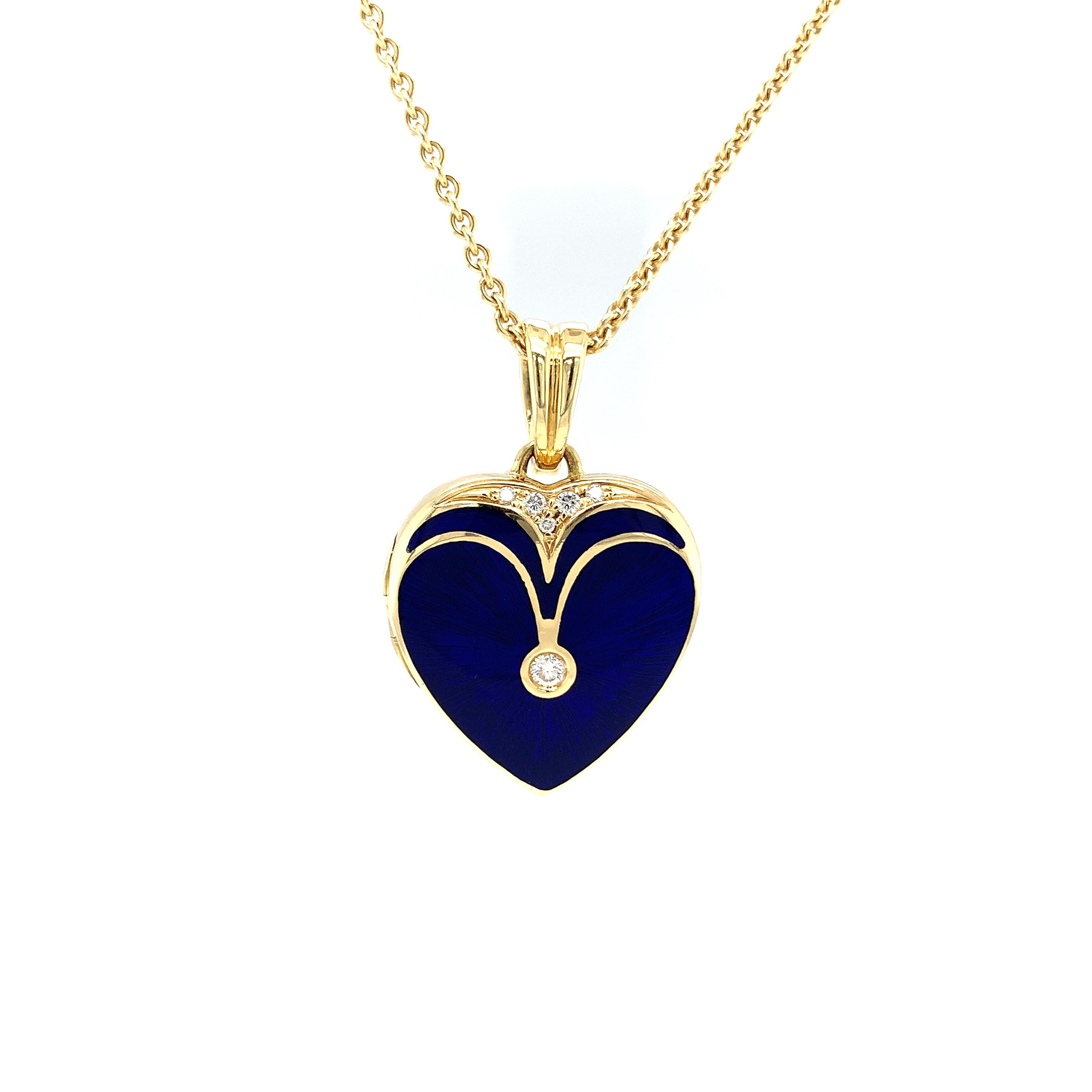 Victor Mayer customizable heart shaped pendant locket necklace 18k yellow gold, dark blue vitreous enamel, 6 diamonds, total 0.12 ct, H VS

About the creator Victor Mayer
Victor Mayer is internationally renowned for elegant timeless designs and