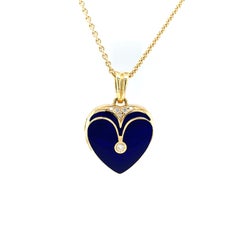 Heart Pendant Locket Necklace 18k Yellow Gold Blue Enamel 6 Diamonds 0.12ct H VS