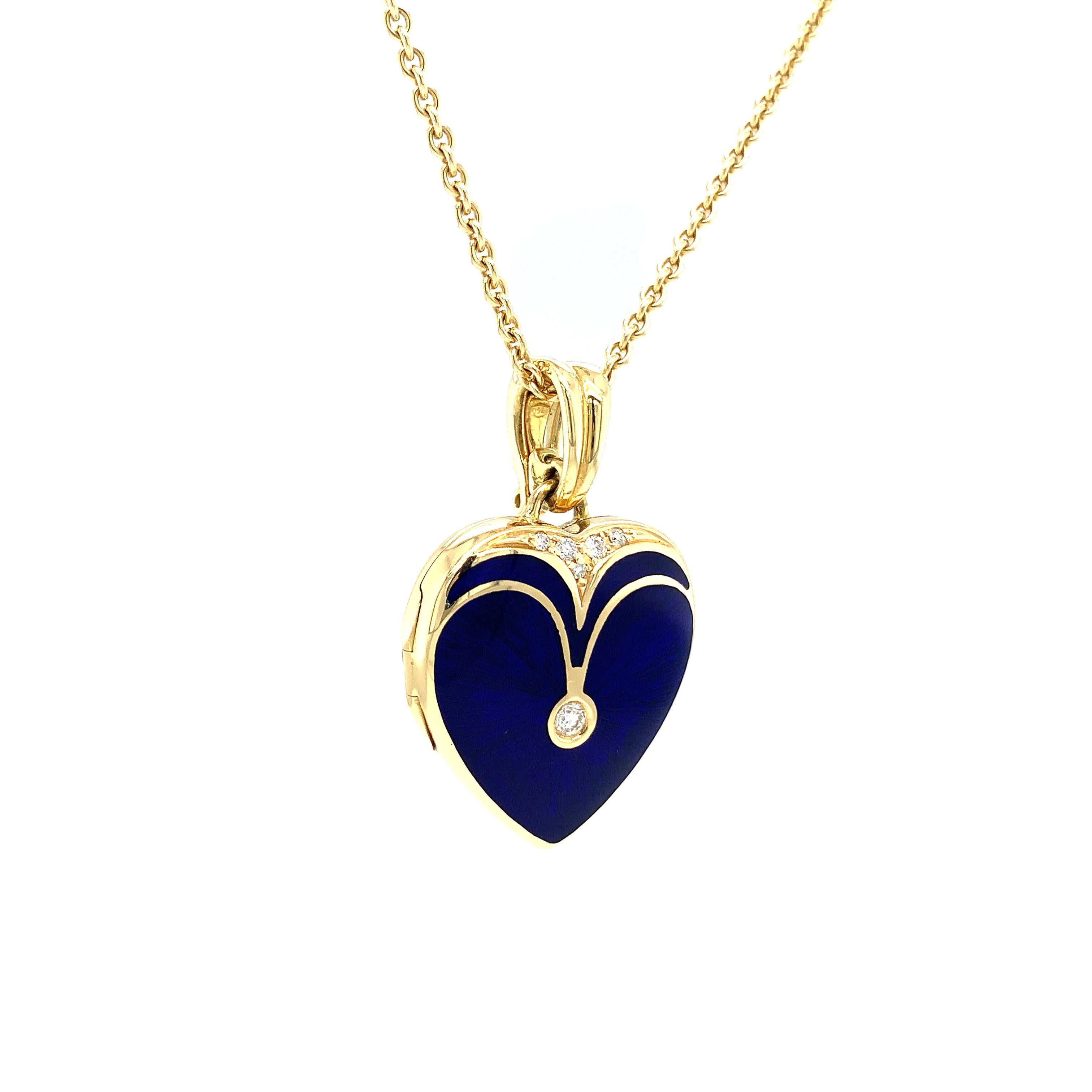 Contemporary Heart Pendant Locket Necklace 18k Yellow Gold Blue Enamel 6 Diamonds 0.12ct H VS For Sale