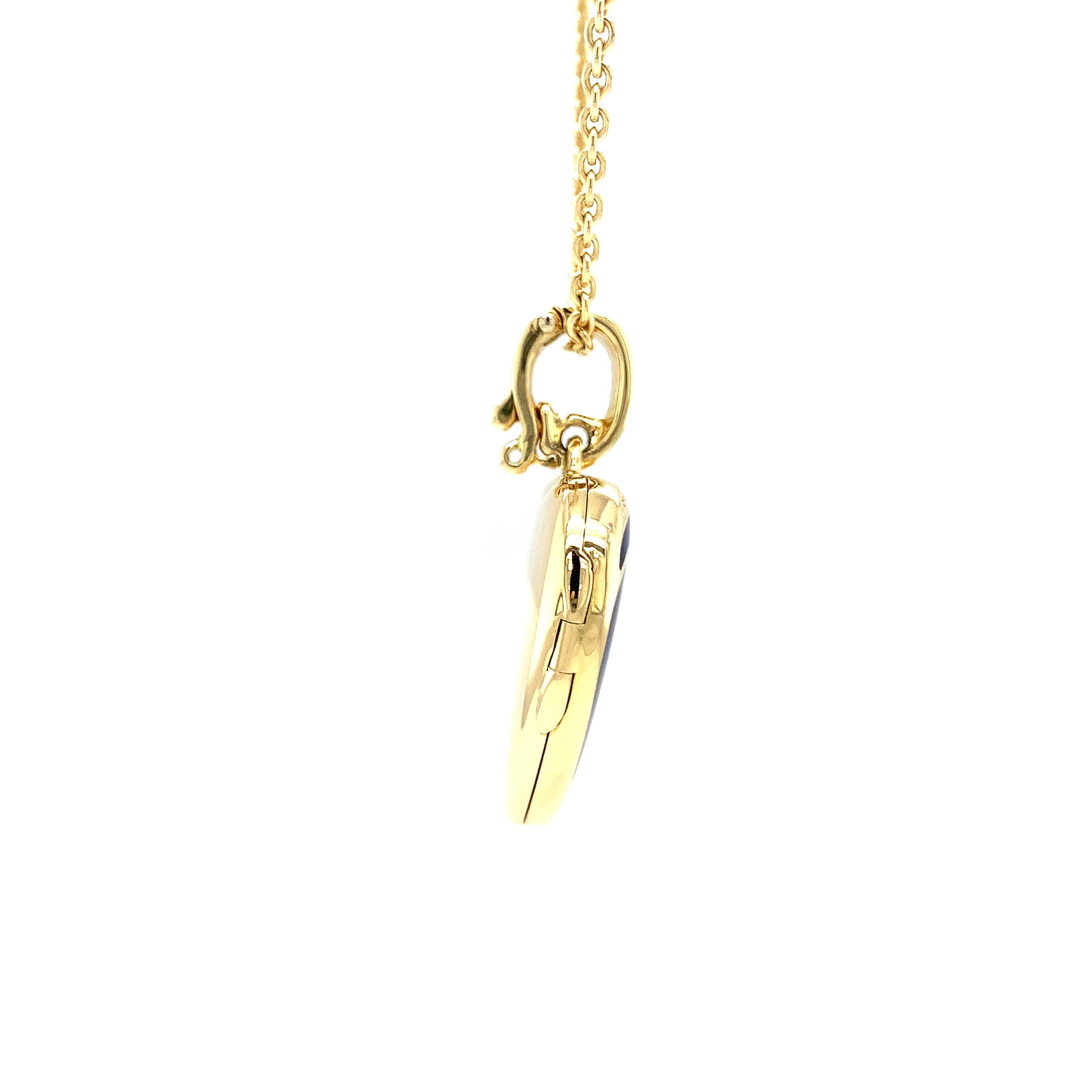 Contemporary Heart Pendant Locket Necklace 18k Yellow Gold Blue Enamel 6 Diamonds 0.12ct H VS For Sale