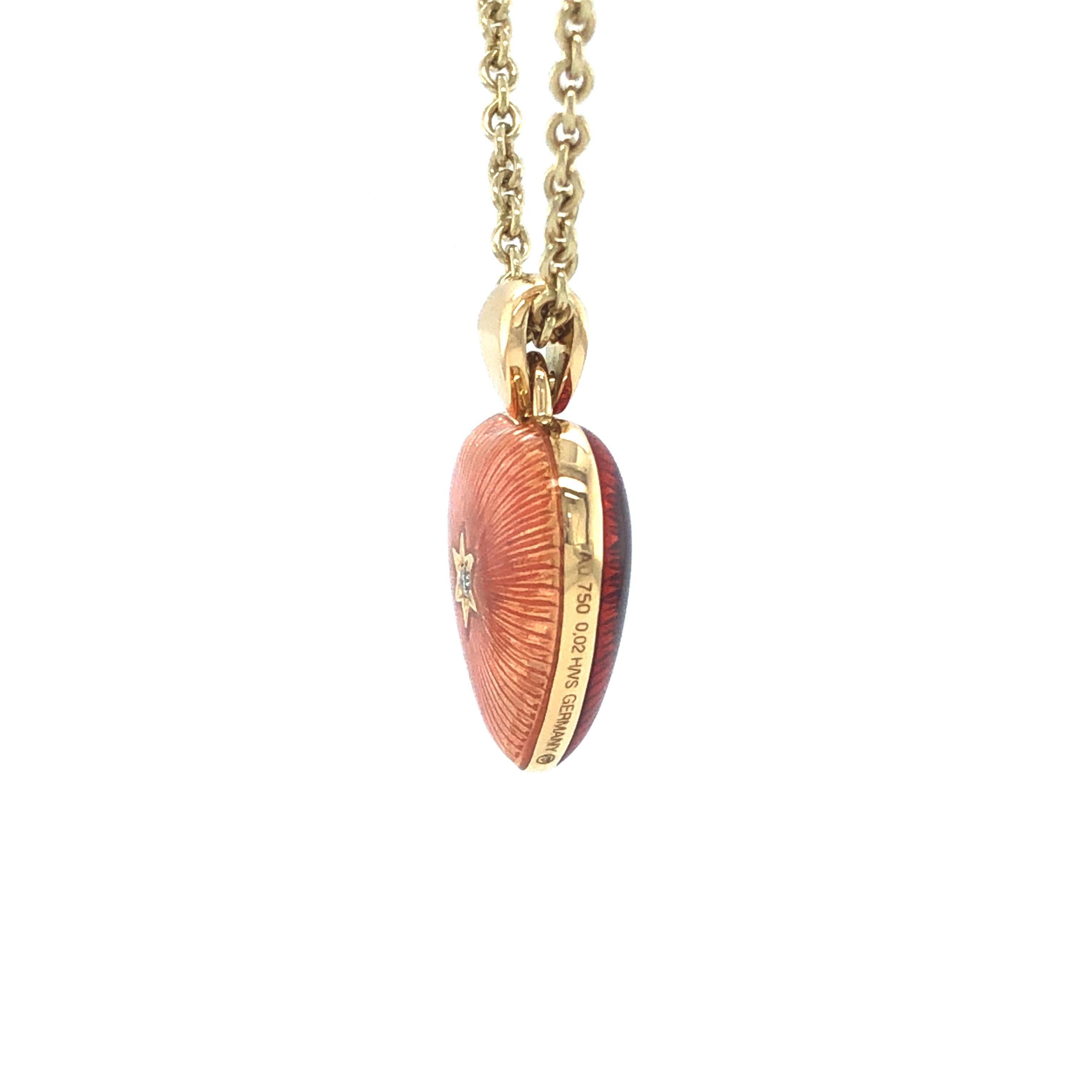 Victorian Heart Pendant Necklace 18k Yellow Gold Red and Pink Enamel 2 Diamonds 2.02ct GVS For Sale