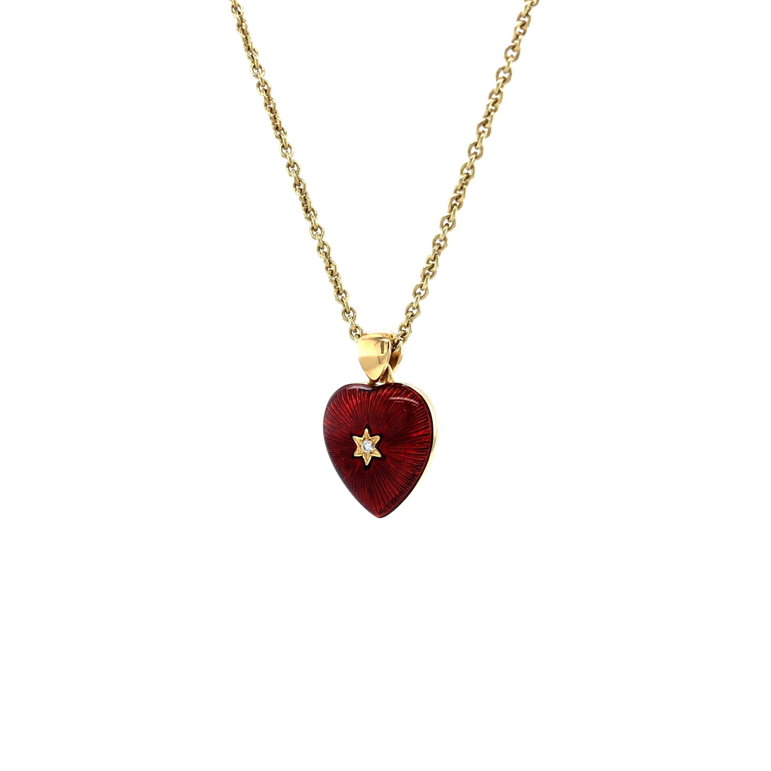 Heart Pendant Necklace 18k Yellow Gold Red and Pink Enamel 2 Diamonds 2.02ct GVS In New Condition For Sale In Pforzheim, DE
