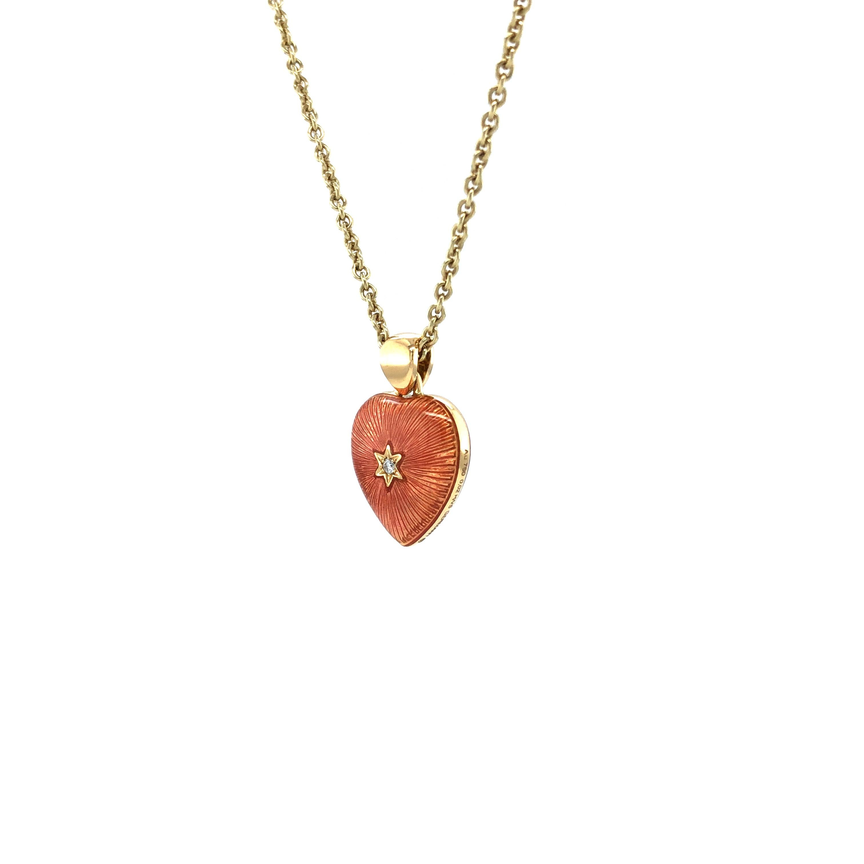 Women's Heart Pendant Necklace 18k Yellow Gold Red and Pink Enamel 2 Diamonds 2.02ct GVS For Sale