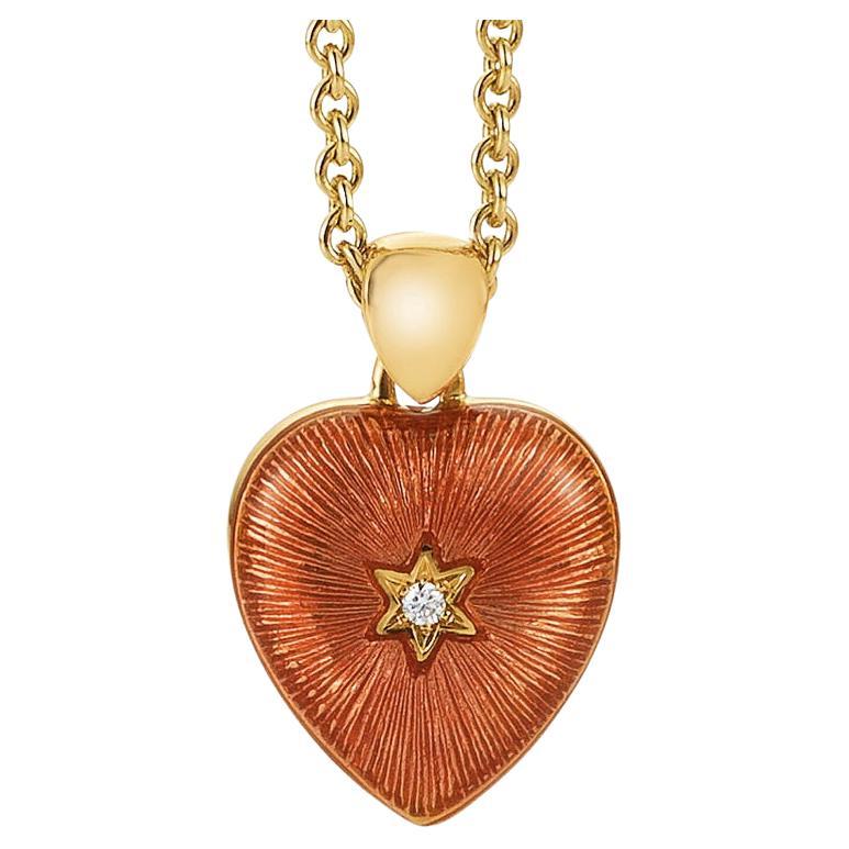 Heart Pendant Necklace 18k Yellow Gold Red & Pink Vitreous Enamel 2 Diamonds