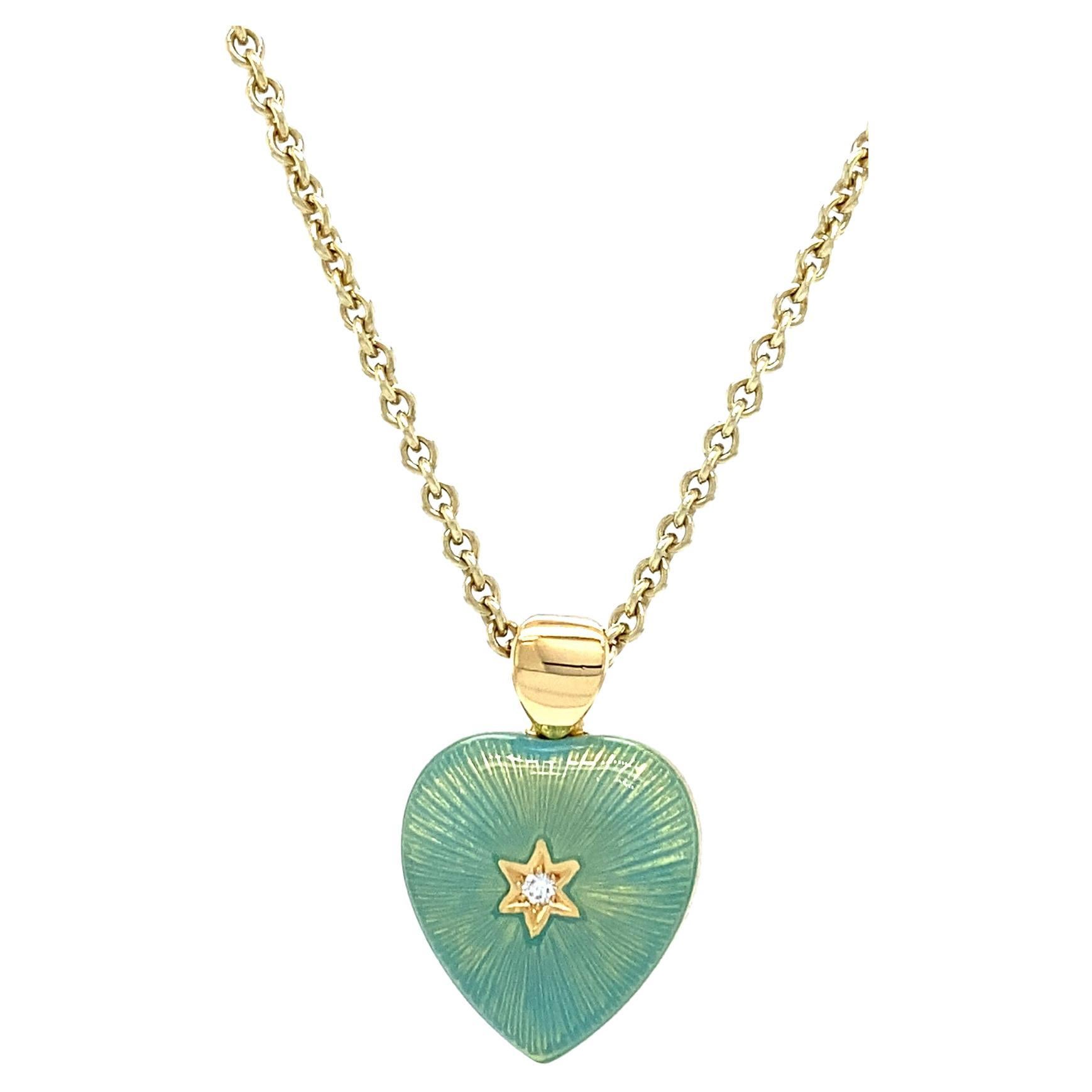 Two Colored Heart Pendant 18k Yellow GoldTurquoise/Yellow Enamel Diamonds 2.02ct For Sale