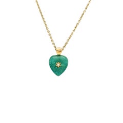 Two Colored Heart Pendant 18k Yellow Gold Turquoise/Green Enamel Diamonds 2.02ct